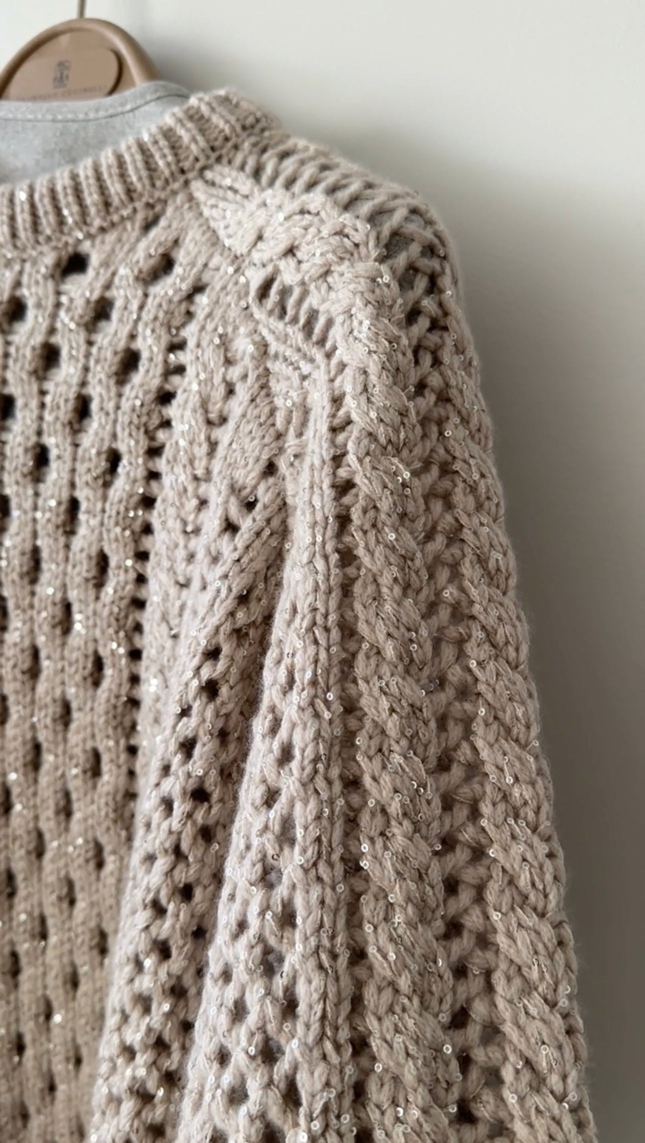 Brunello Cucinelli Beige Open Knit Cashmere Sequin Sweater for Women - Size S (4/6) | Luxury Cashmere Pullover with Sequins | Perfect for Fall & Winter Outfits, Office Wear & Special Occasions