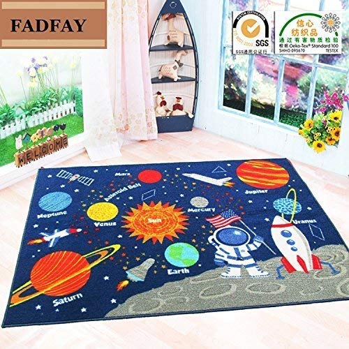 FADFAY Outer Space Kids Rug - Boys Planets Theme Bedroom Decor | Star Print Duvet Cover Set with 2 Pillowcases | 100% Cotton Queen Size Navy Blue Bedding | Perfect for Kids Room, Nursery & Playroom Decor