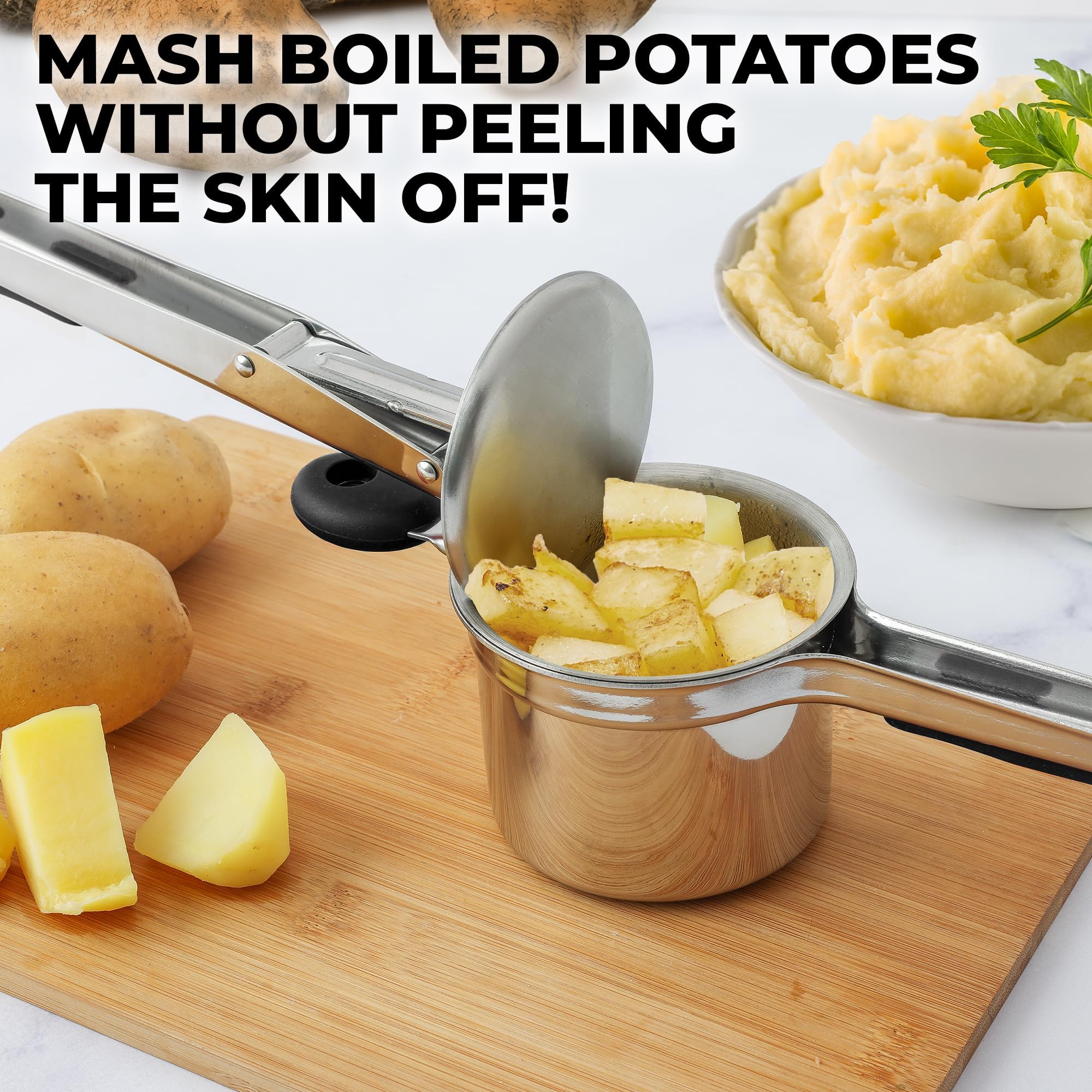Zulay Kitchen Premium 15oz Stainless Steel Potato Ricer & Masher - Heavy Duty Professional Kitchen Tool for Smooth Mashed Potatoes, Baby Food & Purees - Silver/Black