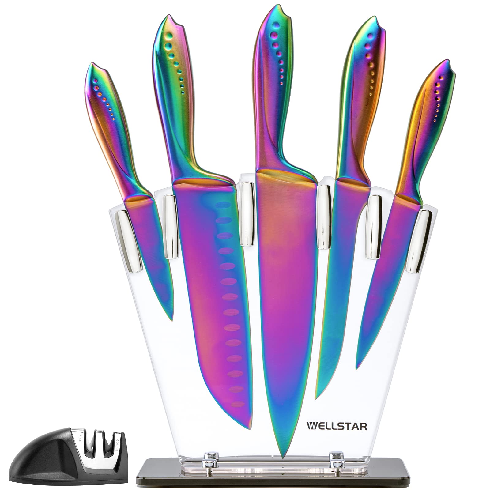 WELLSTAR 7-Piece Rainbow Knife Set - German Stainless Steel Kitchen Knives with Acrylic Stand, Colorful Titanium Coating - Chef Knife Block Set Includes 2-Stage Sharpener - Perfect for Home Cooking, Professional Chefs & Gift Giving