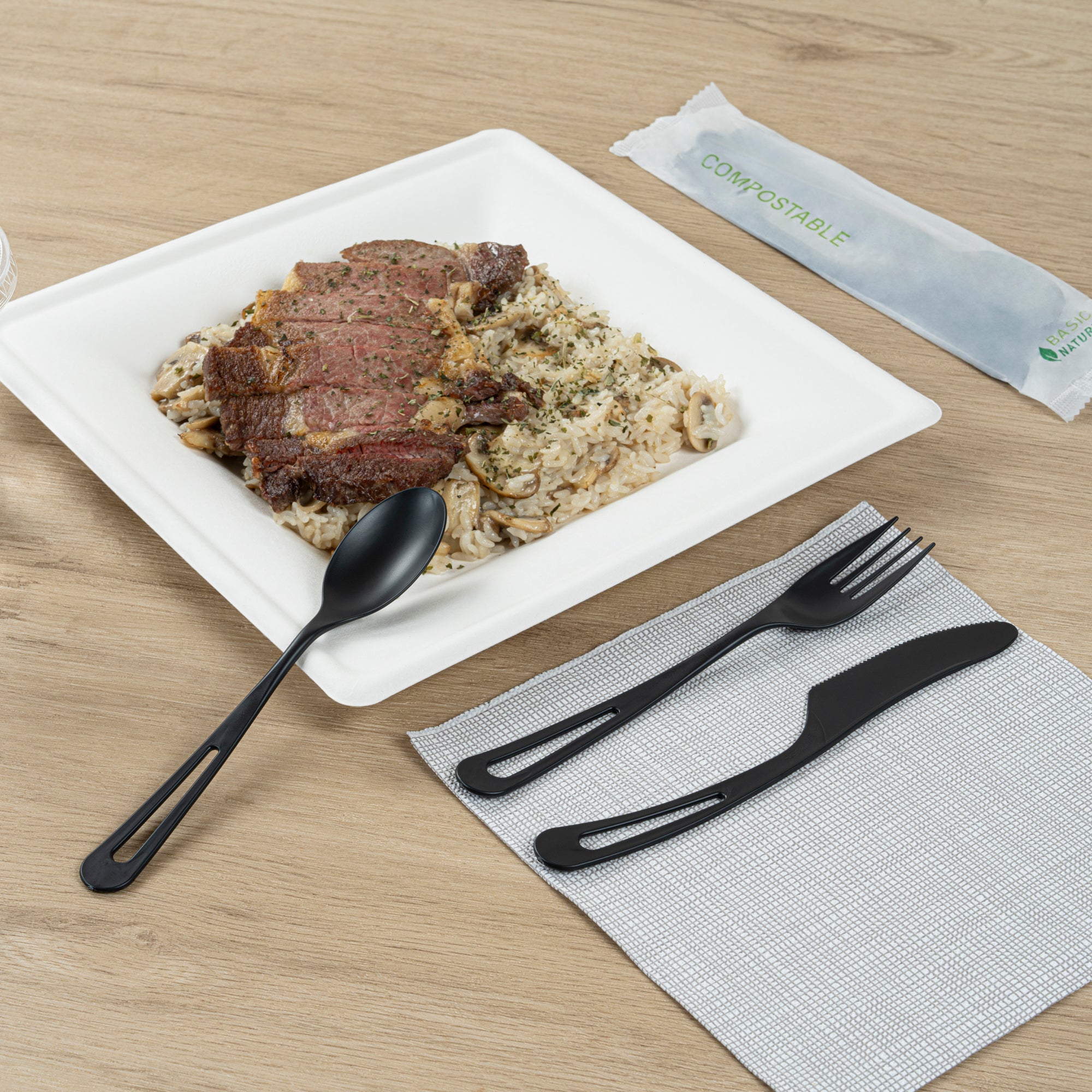 Eco-Friendly Black CPLA Plastic Cutlery Set - 100-Piece Compostable Utensils with Heat-Resistant Wrapper (7.5