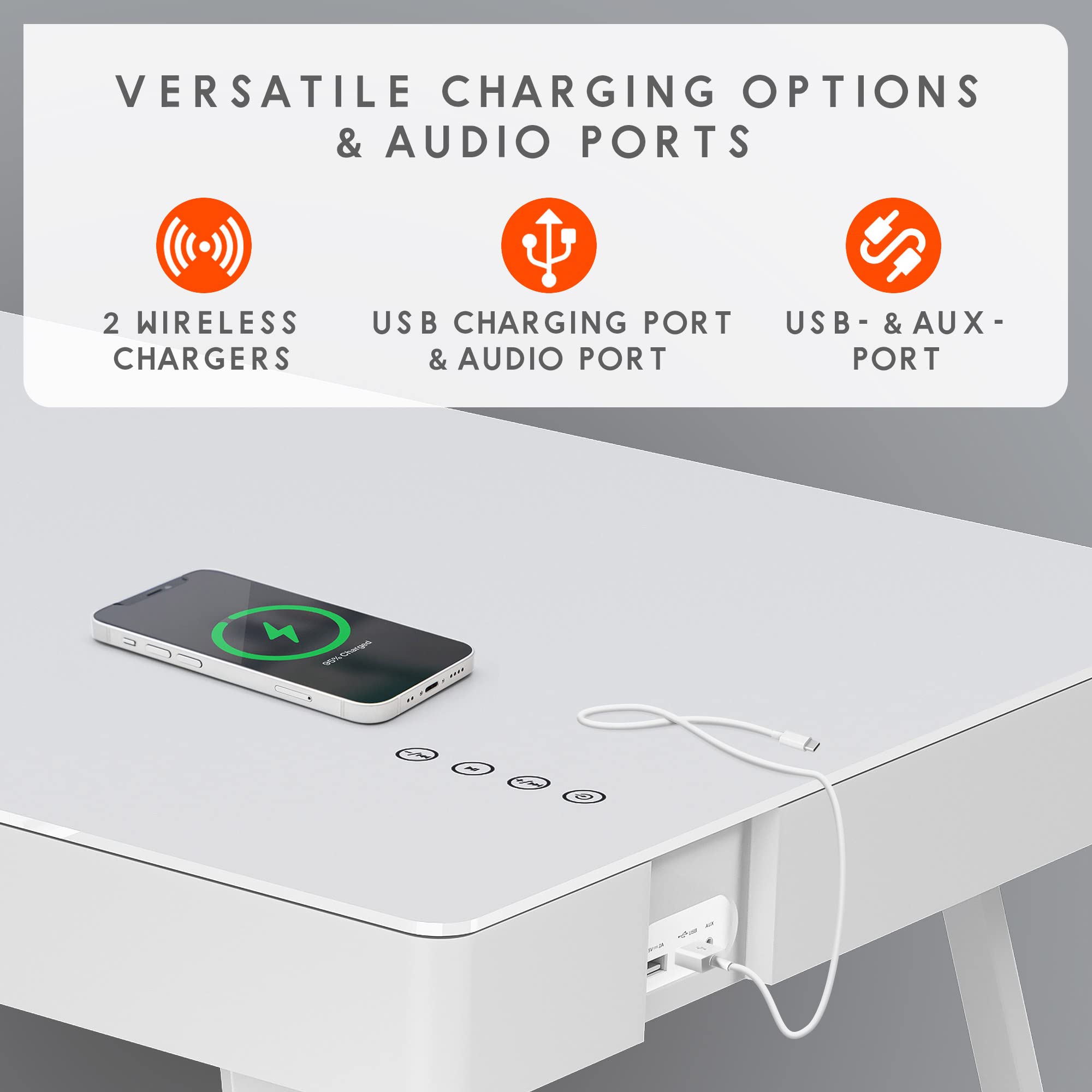 ATLASIO Modern Coffee Table with Built-in Bluetooth Speakers & Dual Wireless Chargers - 47.2 x 23.6 Inch Smart Living Room Table with Touch Control, USB-C Port, AUX Input & Induction Charging Station in White - Perfect for Home Theater, Gaming & Entertaining Guests