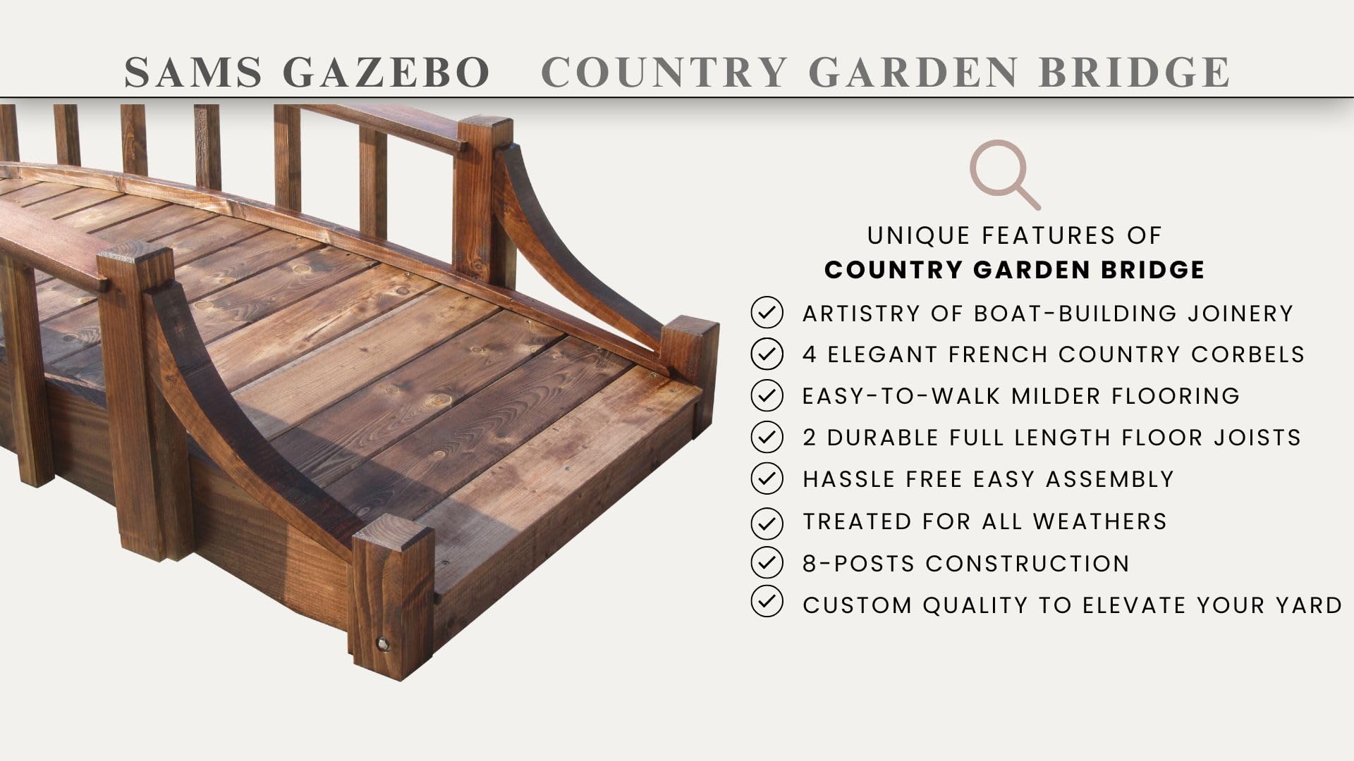 8ft Brown Wooden Garden Bridge for Country Landscaping - Perfect for Backyard, Pond, or Creek Decoration