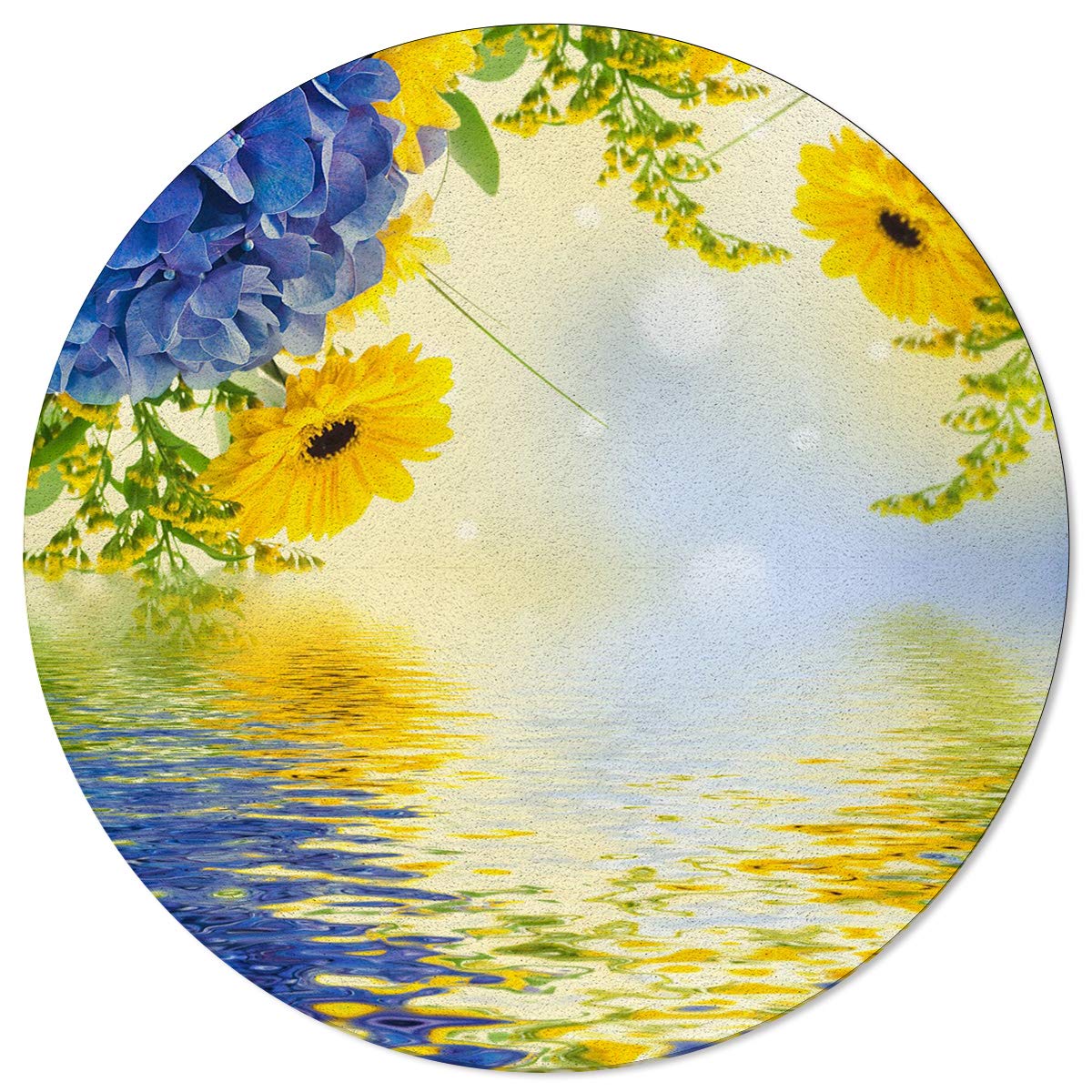 Blue and Yellow Spring Hydrangea Flower Washable Area Rug - 4FT Round Indoor/Outdoor Floor Mat for Kids, Teens, Bedroom & Living Room Decor | Perfect for Aesthetic Home Landscaping, Sunshine Spaces and Cozy Throw Runner