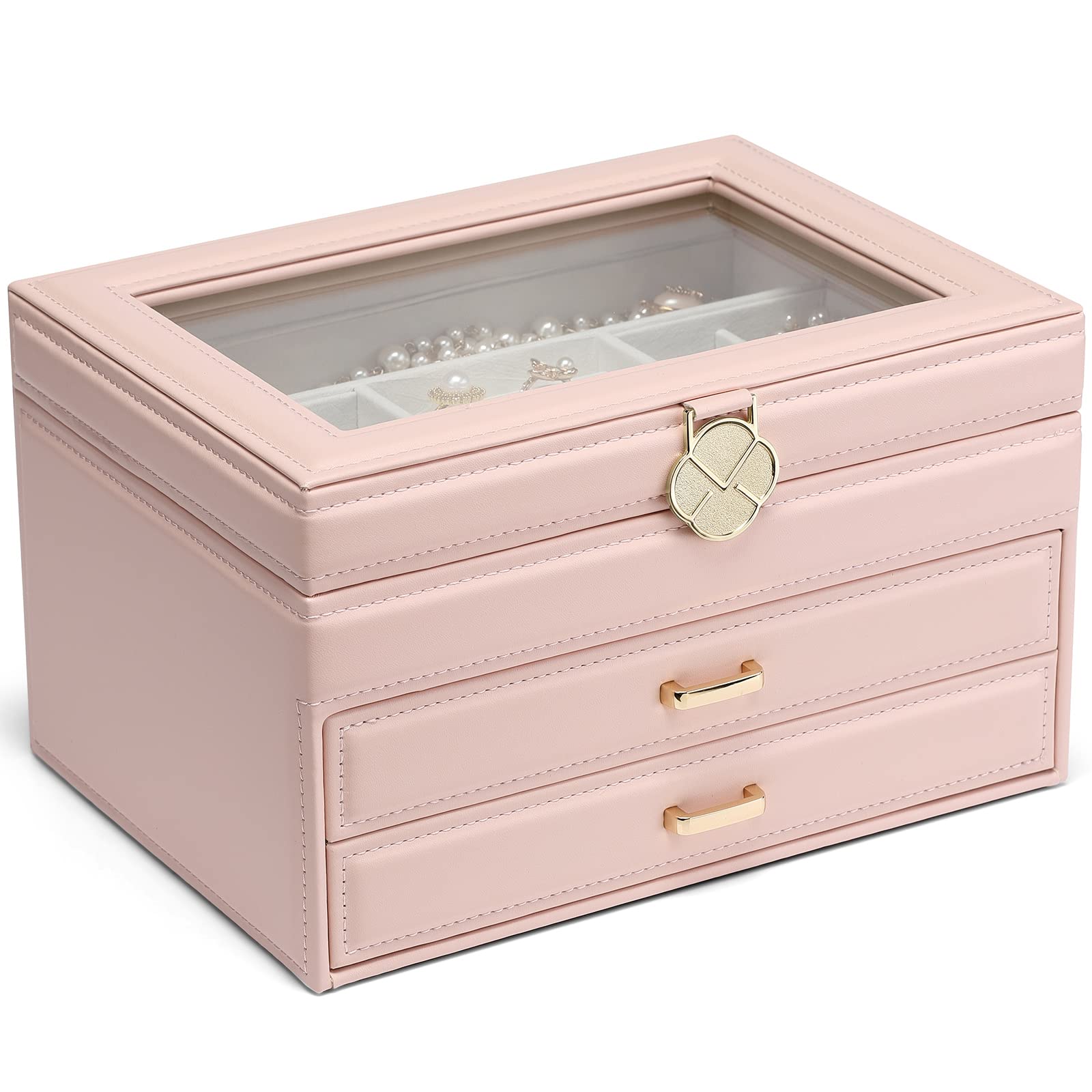 Vlando Jewelry Box for Women & Girls - Large 3-Layer Glass Top Organizer with 2 Drawers - Perfect for Storing Necklaces, Rings, Earrings, Bracelets & Watches - Ideal Gift for Birthdays, Anniversaries & Bridal Showers (Pink)