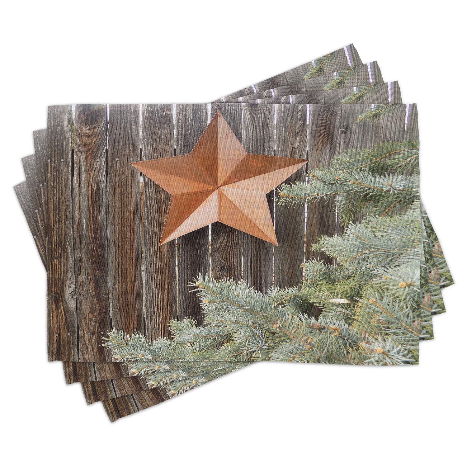 Ambesonne Prehistoric Country Place Mats Set of 4 - Orange Star on Wood Fence Design, Washable Fabric Table Mats for Dining Room, Kitchen & Outdoor Picnics (Standard Size, Orange Green Brown)
