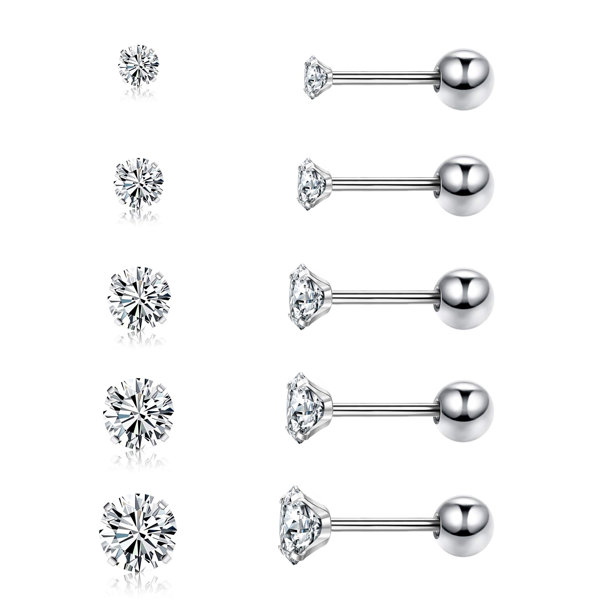5 Pairs Stainless Steel Cubic Zirconia Stud Earrings Set for Women & Men - Tiny Lab Diamond Helix Cartilage Ear Studs - Perfect for Daily Wear, Gifts & Special Occasions
