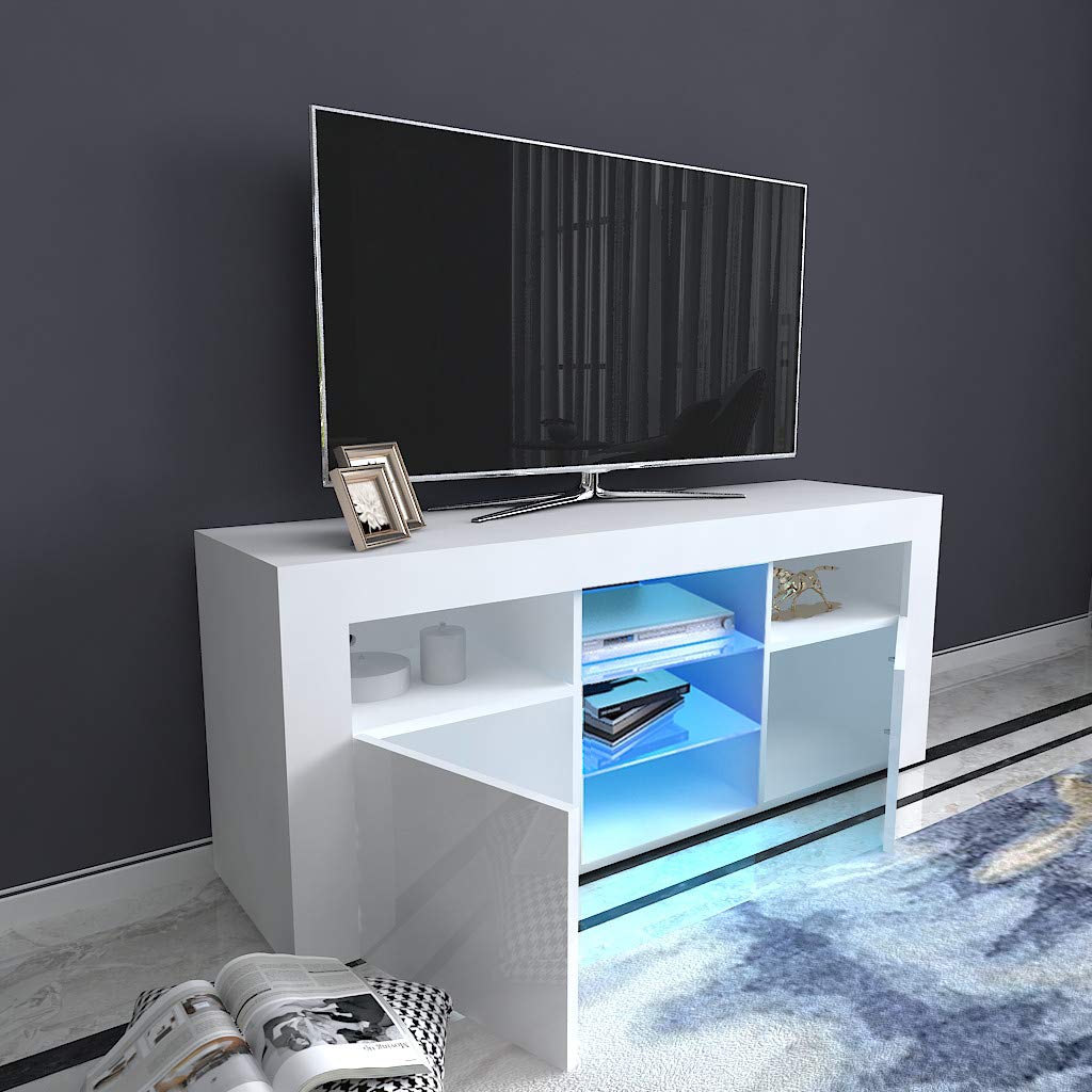 Modern Minimalist TV Stand with High-Gloss LED Lights - White Media Cabinet for Living Room, Bedroom & Home Theater - Sturdy Entertainment Center for Flat Screen TVs up to 65