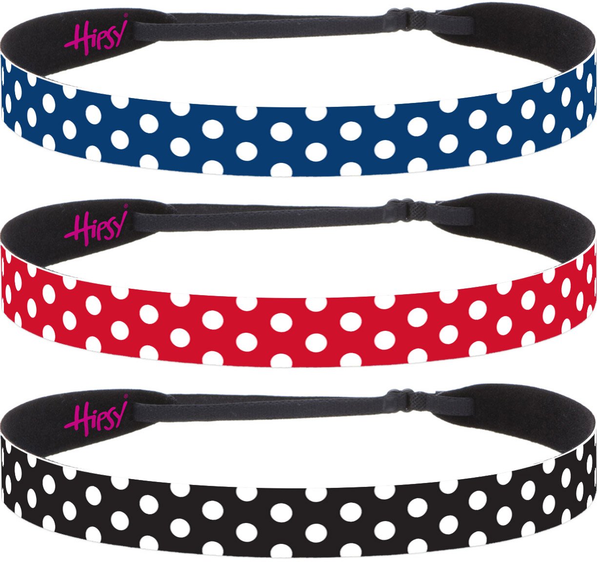 Hipsy Adjustable Non-Slip Wide Fashion Printed Sports Headbands 3-Pack (Polka Dot Navy/Red/Black) - Sweat-Wicking Workout Headbands for Running, Yoga & Gym - Perfect for Women & Girls
