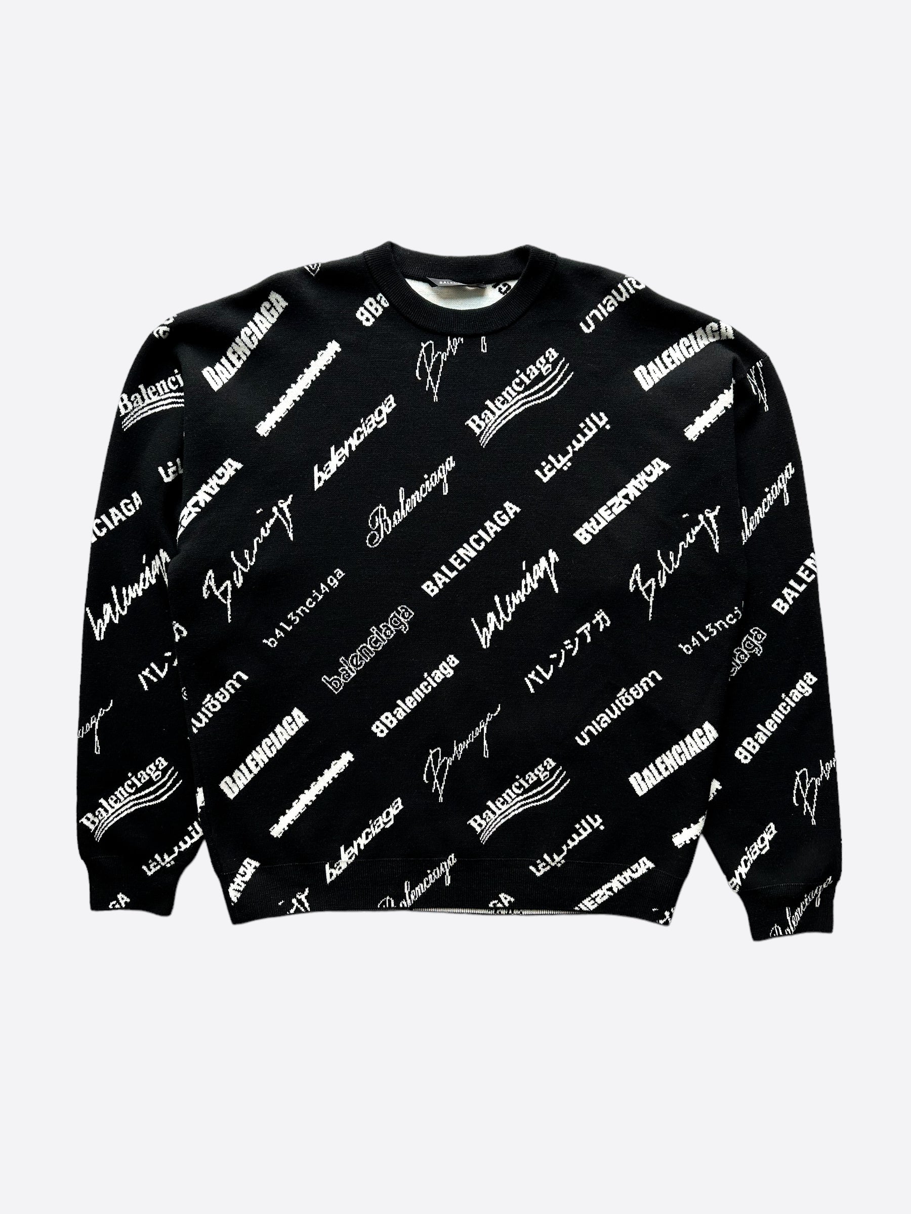 Balenciaga Black & White Logomania All Over Knit Sweater for Men & Women | Luxury Designer Pullover | Perfect for Casual Wear, Street Style & Winter Fashion