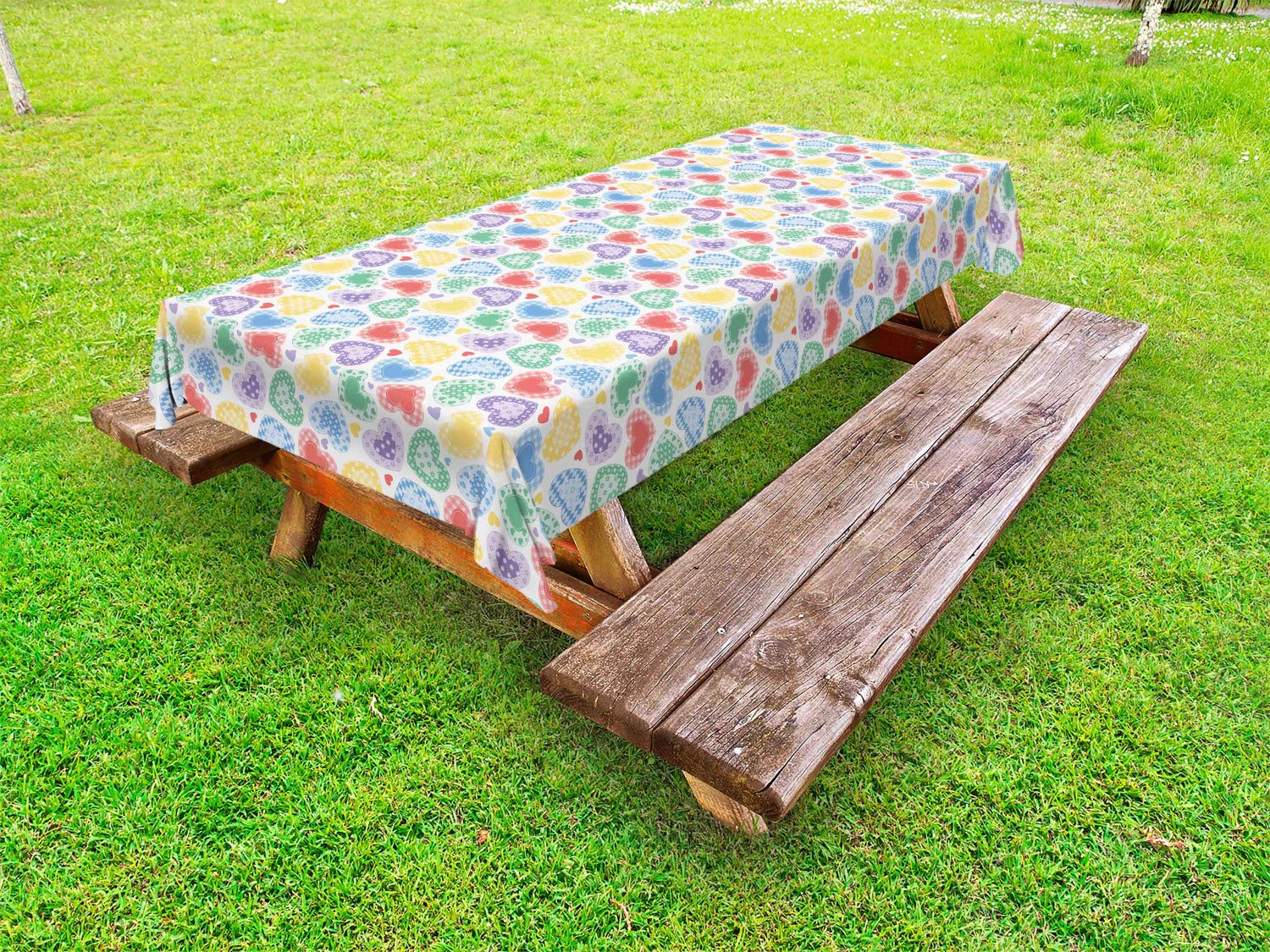 Ambesonne Romantic Patchwork Hearts Tablecloth - Washable Outdoor Picnic Table Cover 58