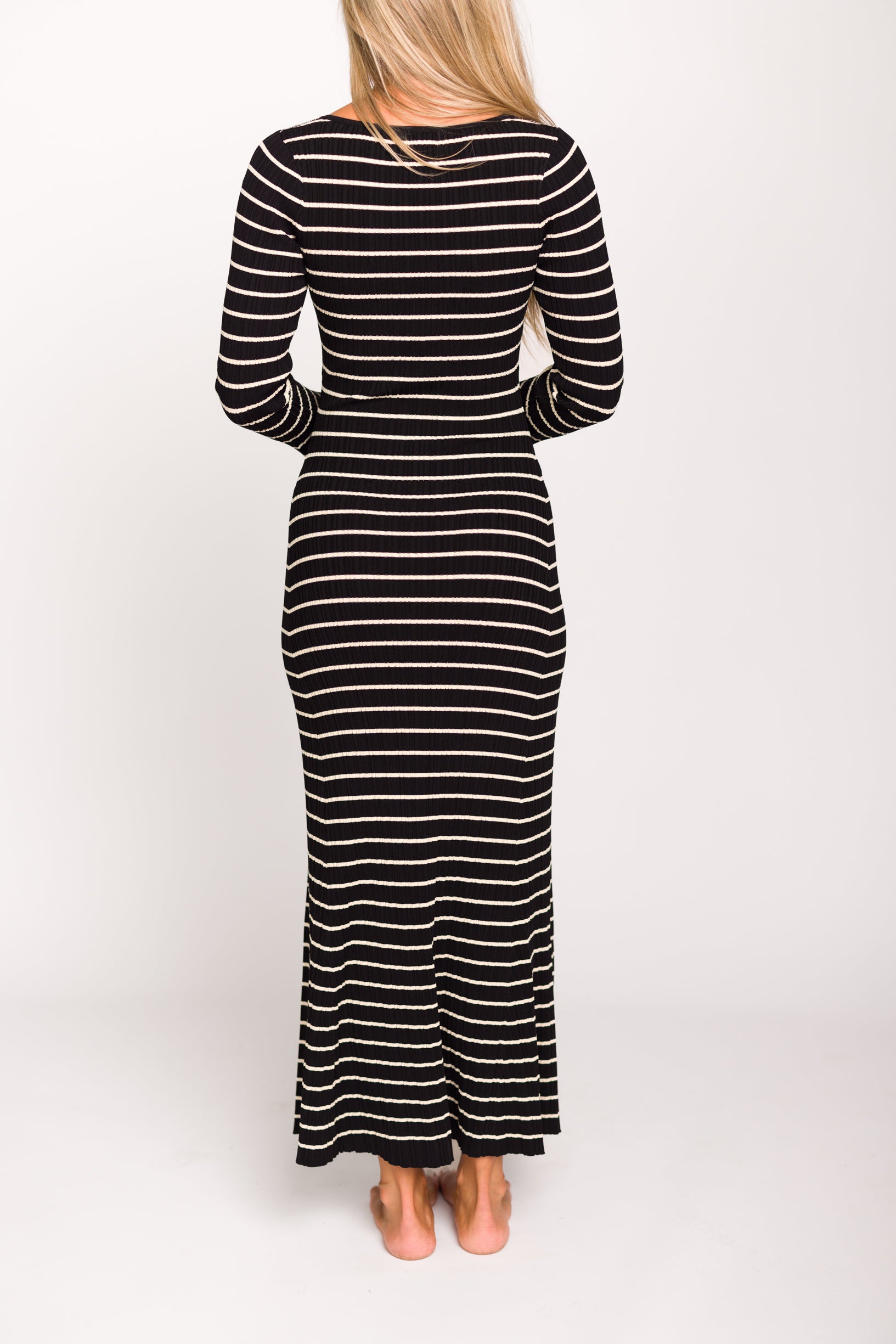 Keaton Knit Maxi Dress - V Neckline Black & Cream Striped Flowy Dress for Women | Perfect for Summer Beach Vacations, Date Nights & Casual Outings