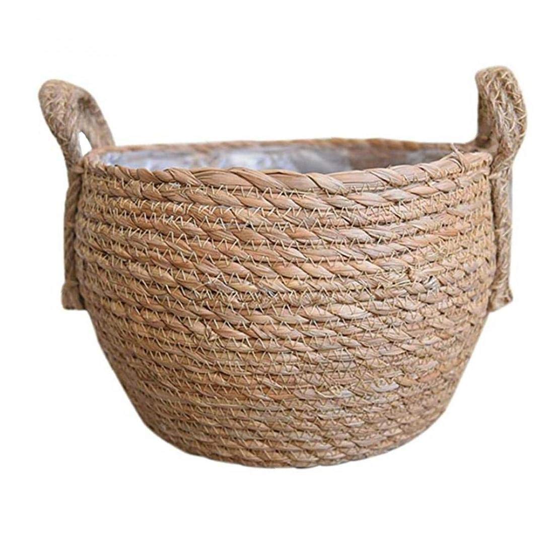 Handmade Straw Storage Basket - Rattan Seagrass Woven Plant Pot with Handles for Home Decor, Laundry, Picnic & Flower Arrangement | Durable Houseware Organizer (Colorful)