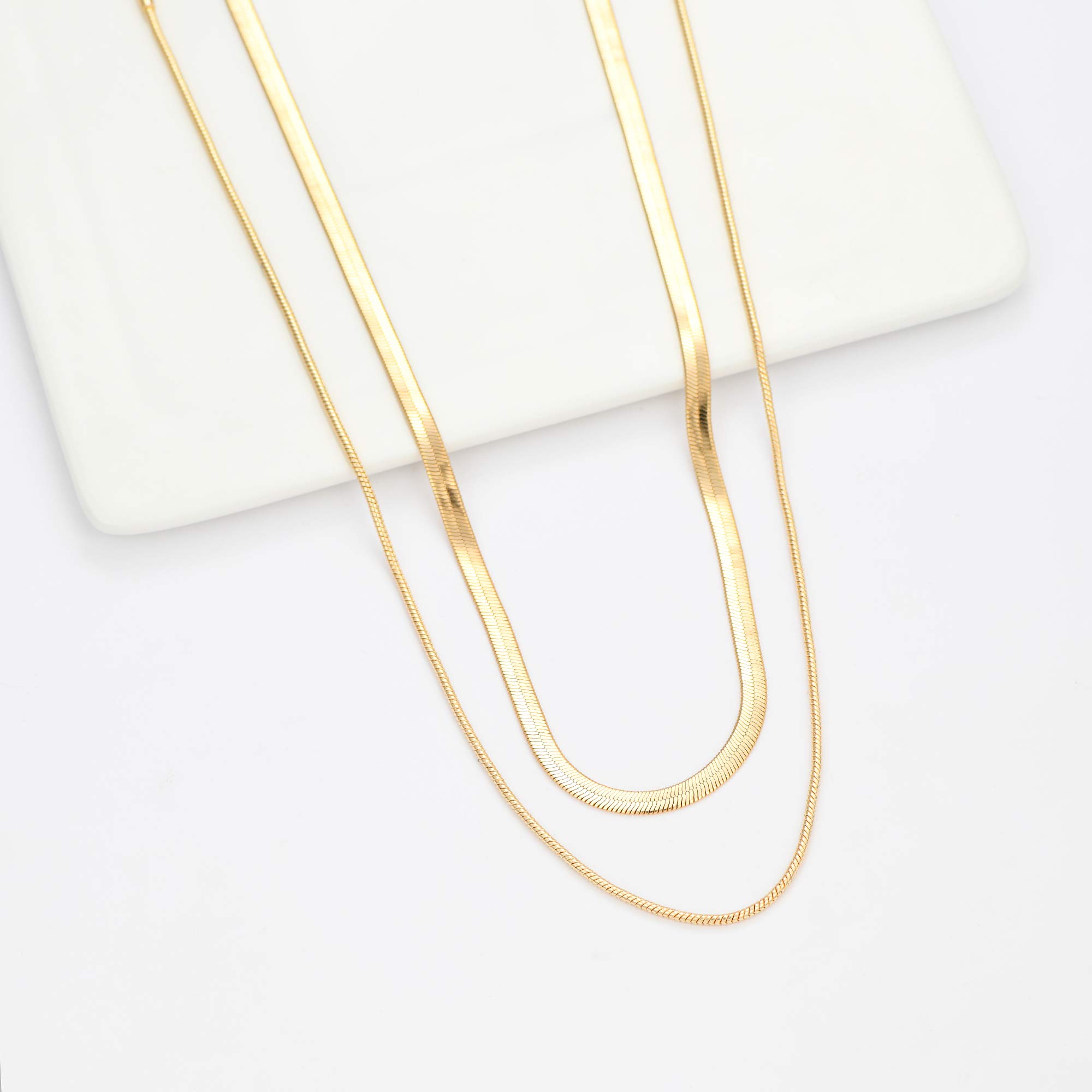 14K Gold Plated Women's Layered Necklace Set - Dainty Coin Pendant, Herringbone & Snake Chain Choker - Elegant Jewelry Gift for Her | Perfect for Date Nights, Office Wear & Special Occasions