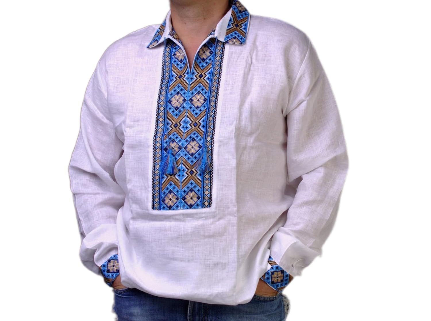 Authentic Ukrainian Vyshyvanka Men's Embroidered Polo Shirt - Handmade White & Blue Linen Shirt for Men - Traditional Folkwear for Festivals, Weddings & Cultural Events
