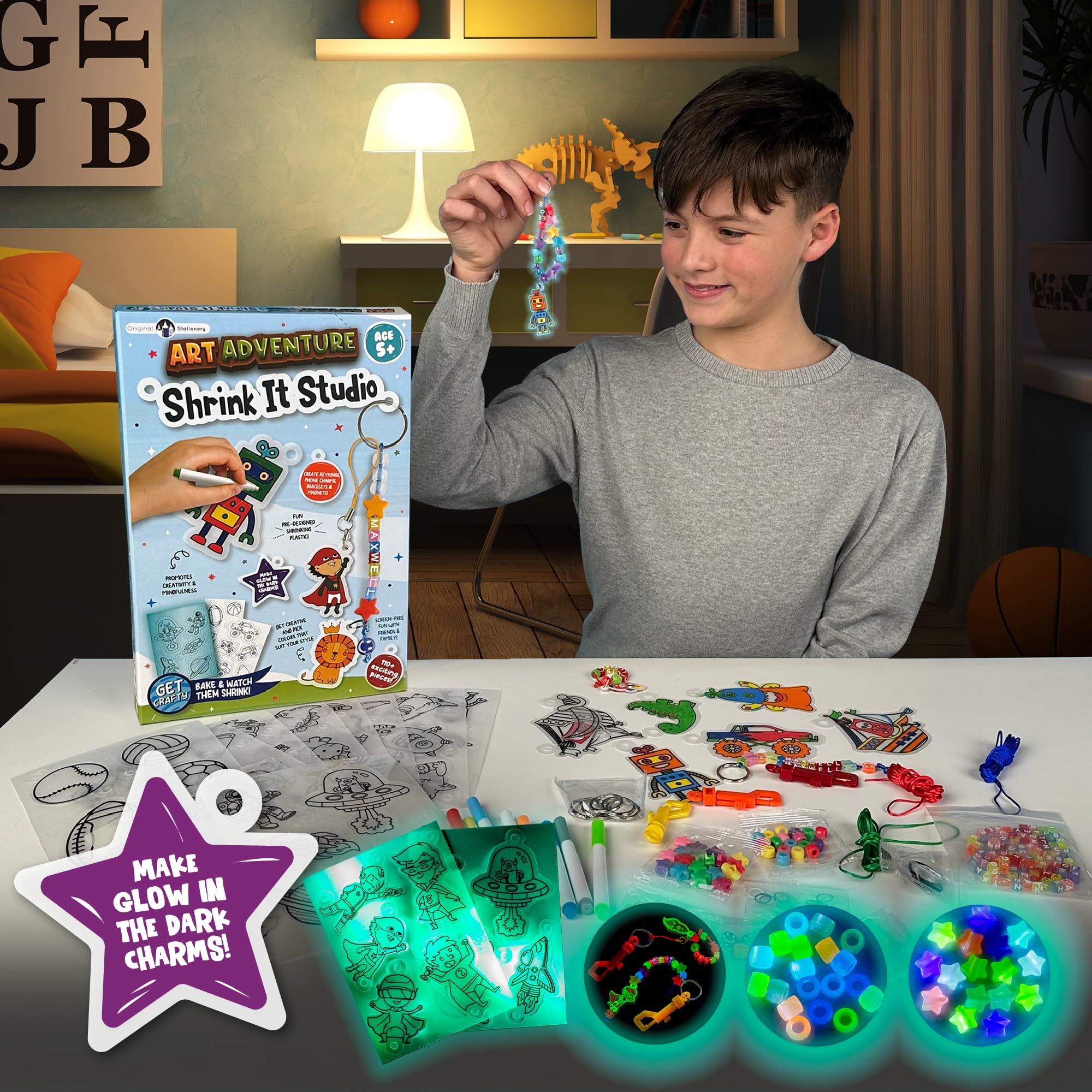 Original Stationery Art Adventure Shrink It Studio - DIY Keychain Maker Kit with 110+ Pieces for Kids & Boys to Create Custom Charms | Fun Shrink Art Craft Set for Birthday Gifts, Party Favors & Creative Playtime