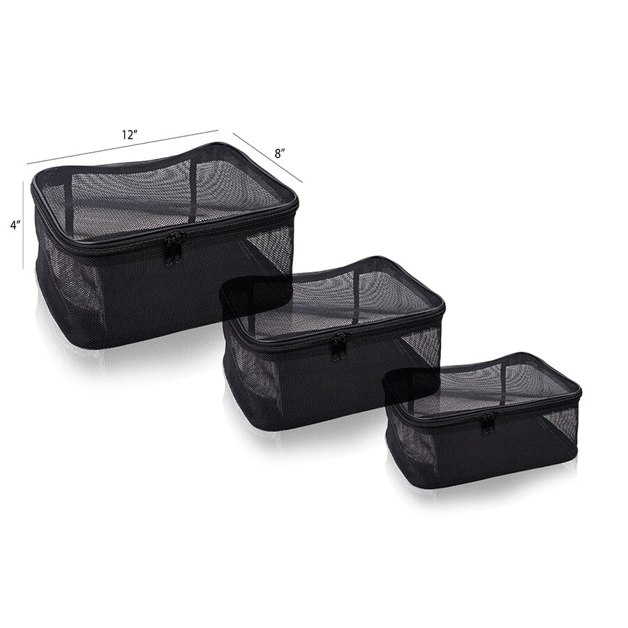 3-Piece Black Mesh Cosmetics Travel Bag Set - Assorted Sizes for Makeup & Toiletries | Perfect for Vacation, Gym & Air Travel
