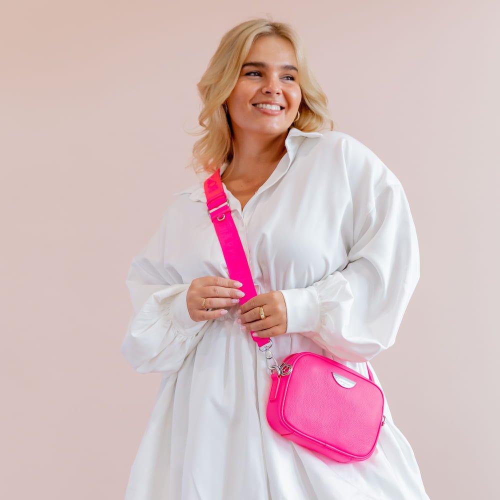 Custom Logo Leather Bag Strap - Neon Pink Adjustable Crossbody Strap for Women | Perfect for Handbags, Totes & Travel Accessories