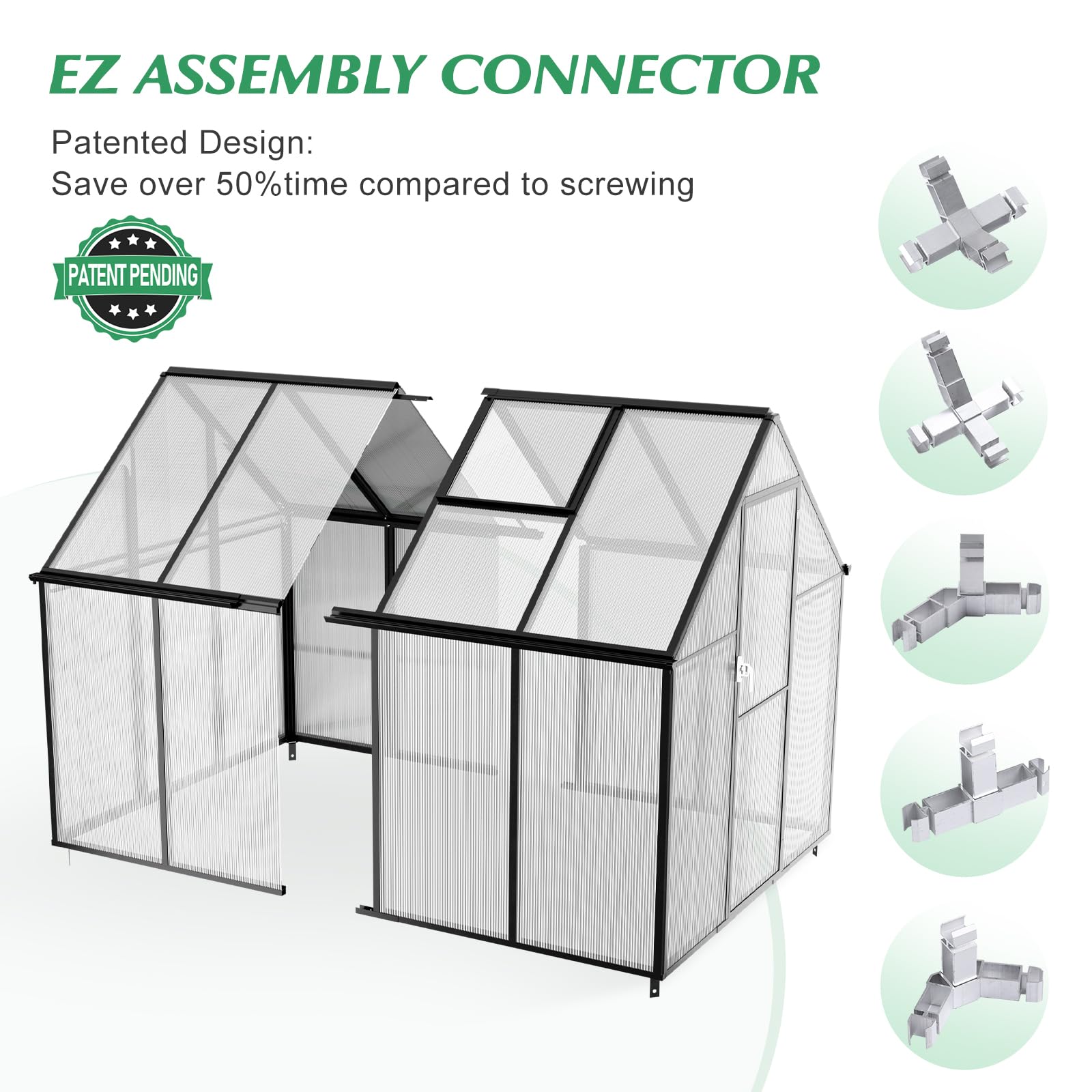 8x6 FT Heavy Duty Polycarbonate Greenhouse Kit - Walk-in Aluminum Frame with Quick Setup, Rain Gutter & Ventilation Window - Outdoor Garden Greenhouse for Backyard, Plants, Vegetables & Flowers - Perfect for Year-Round Gardening, Seed Starting & Plant Protection
