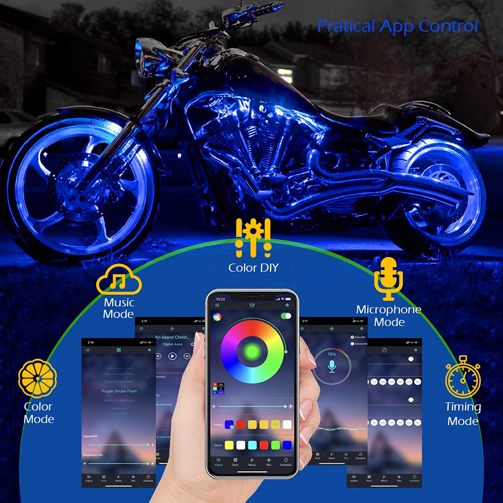 Motorcycle LED Light Strip Kit - 10Pcs RGB Neon Accent Glow Lights with Wireless Remote, Waterproof Flexible LED Lights for Harley, Honda, Kawasaki, Suzuki, Ducati, Polaris, KTM, BMW - Perfect for Night Riding & Bike Customization