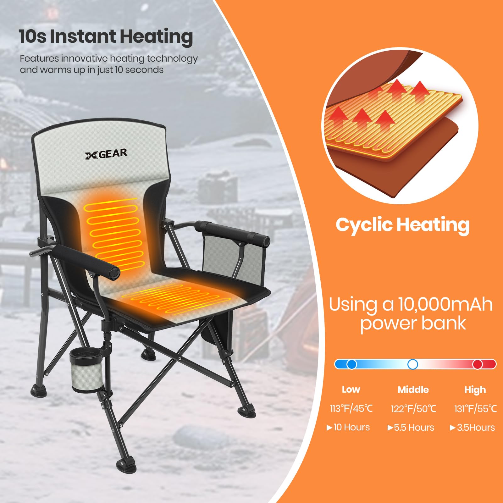 XGEAR Heated Camping Chair - Fully Padded Portable Outdoor Chair with Heating for Winter Camping, Hunting, Picnics & Backyard Relaxation | Battery Not Included | Perfect for Cold Weather Adventures & Tailgating