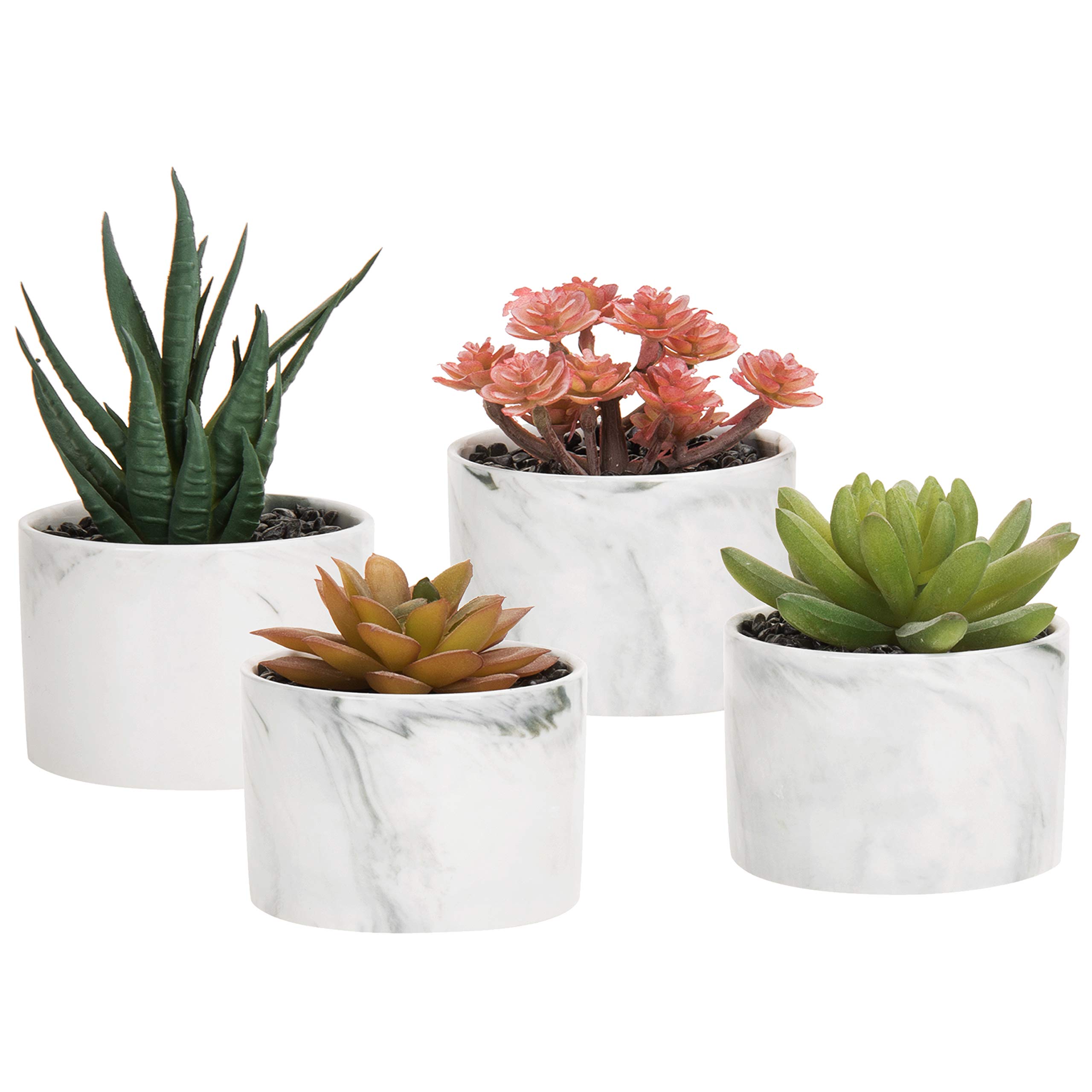 Set of 4 Artificial Succulents in White Marble Ceramic Pots - 3 Inch Fake Plants for Home Decor, Office Desk, Shelf Display & Wedding Centerpieces