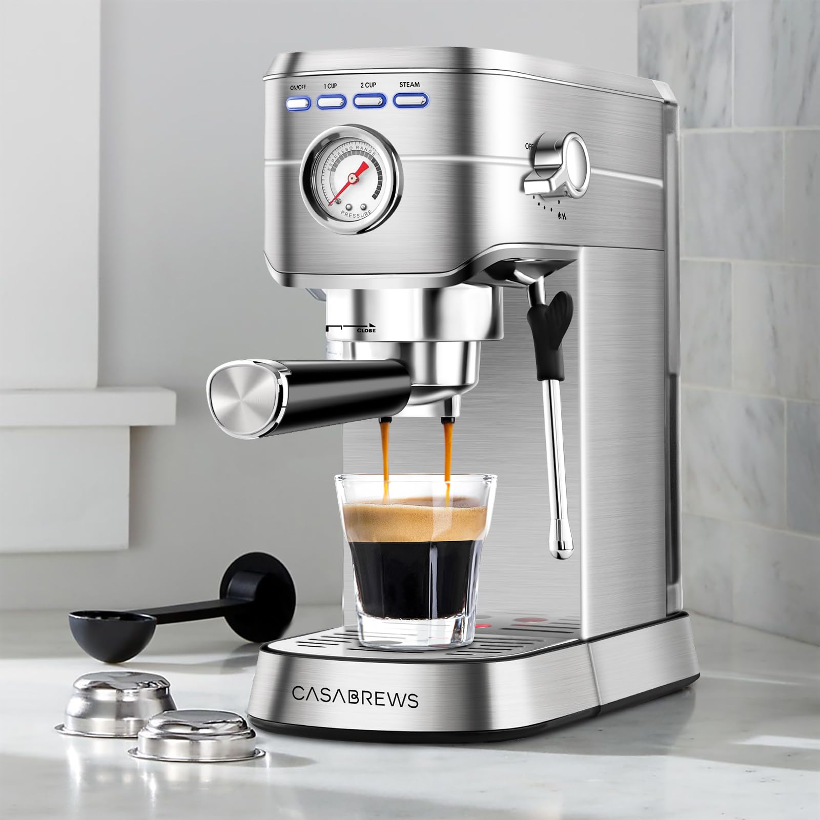 CASABREWS CM5418 20 Bar Espresso Machine - Compact Stainless Steel Coffee Maker with Steam Milk Frother & 34oz Removable Water Tank - Perfect for Cappuccino, Latte, Home & Office Use