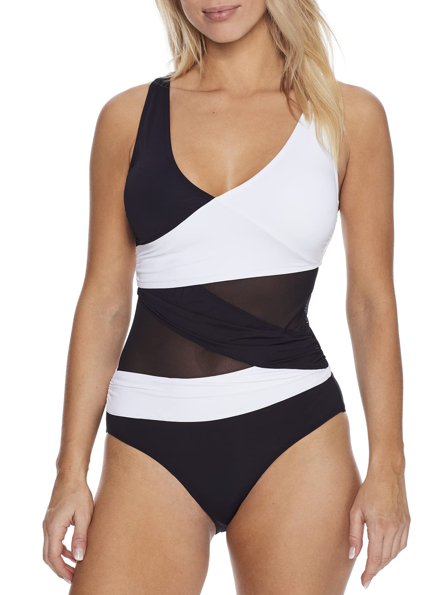 Anne Cole Mesh V Neck One Piece Swimsuit for Women - Stylish Bathing Suit for Pool, Beach & Summer Vacations
