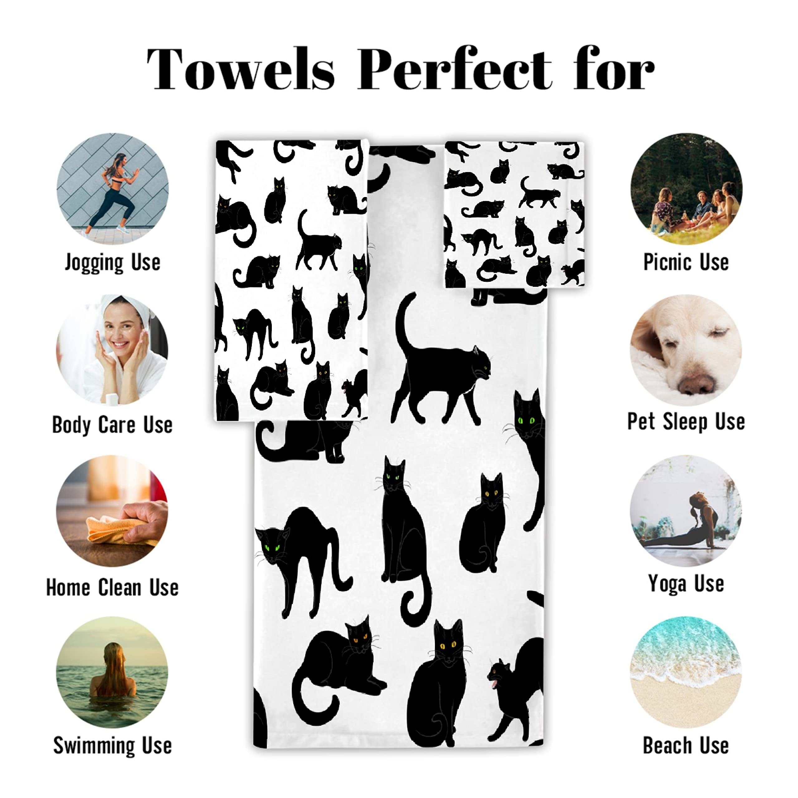Premium Black Cat 3-Piece Bath Towel Set - 1 Bath Towel, 1 Hand Towel, 1 Washcloth - 100% Cotton Soft Absorbent Quick-Dry Towels for Bathroom, Kitchen & Home Decor - Perfect Gift for Cat Lovers & Cozy Home Essentials