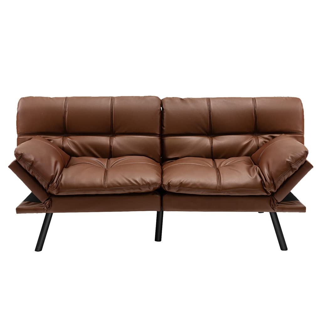 SXDS Convertible Futon Sofa Bed with Memory Foam Mattress - Adjustable Armrest, Brown - Perfect for Small Spaces, Guest Rooms & Studio Apartments