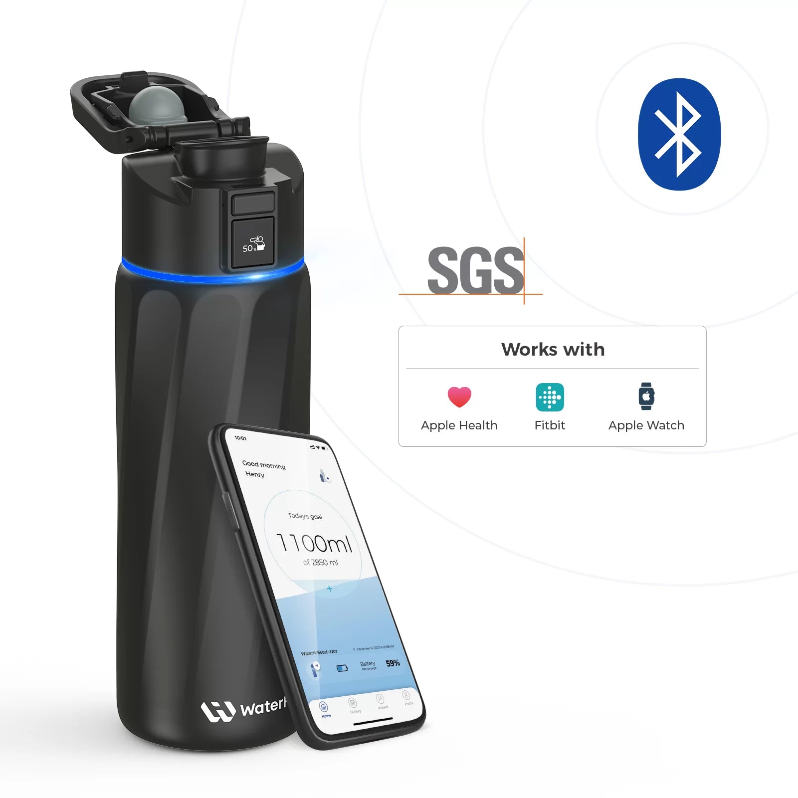 WaterH Smart Water Bottle 24oz with Hydration Tracking & App Sync - Leak Proof, BPA Free Stainless Steel Bottle for Gym, Hiking & Daily Hydration | Official Store