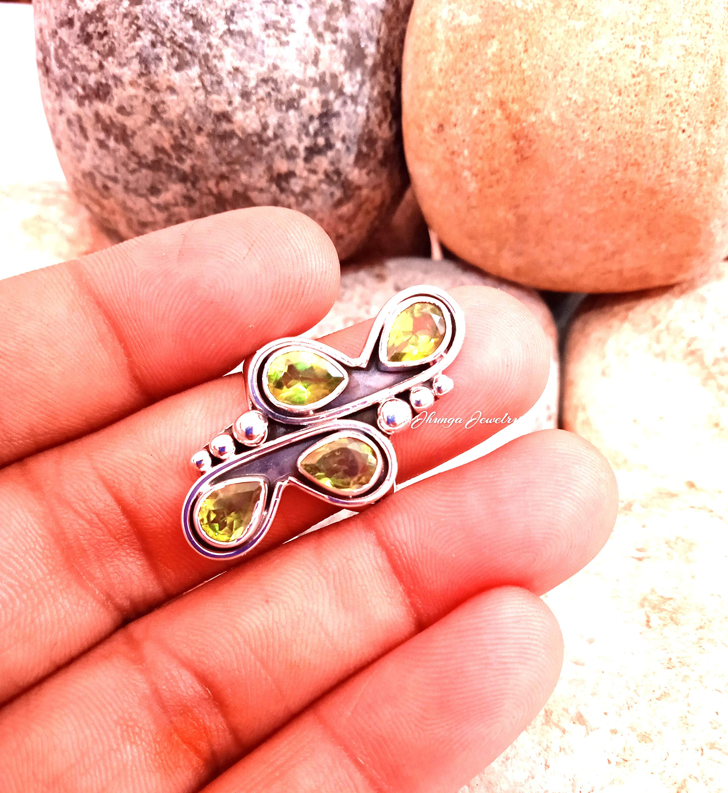 Handcrafted Sterling Silver Peridot Ring - Vintage Four Stone Boho Jewelry for Women | Unique Artisan Bridal Gift, Antique Statement Piece | Perfect for Weddings, Anniversaries & Boho Fashion