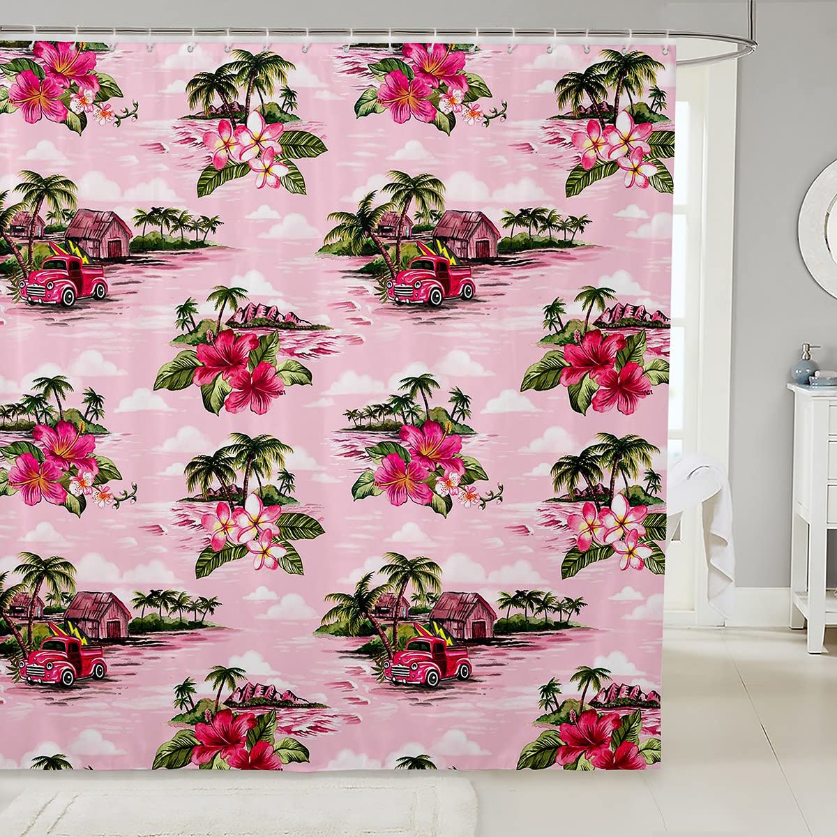 Erosebridal Vintage Hawaiian Pink Cherry Blossom Shower Curtain - 72x72 Inches Floral Tropical Bathroom Decor with Palm Tree Design | Perfect for Beach-Themed Bathrooms & Island Style Home Decor