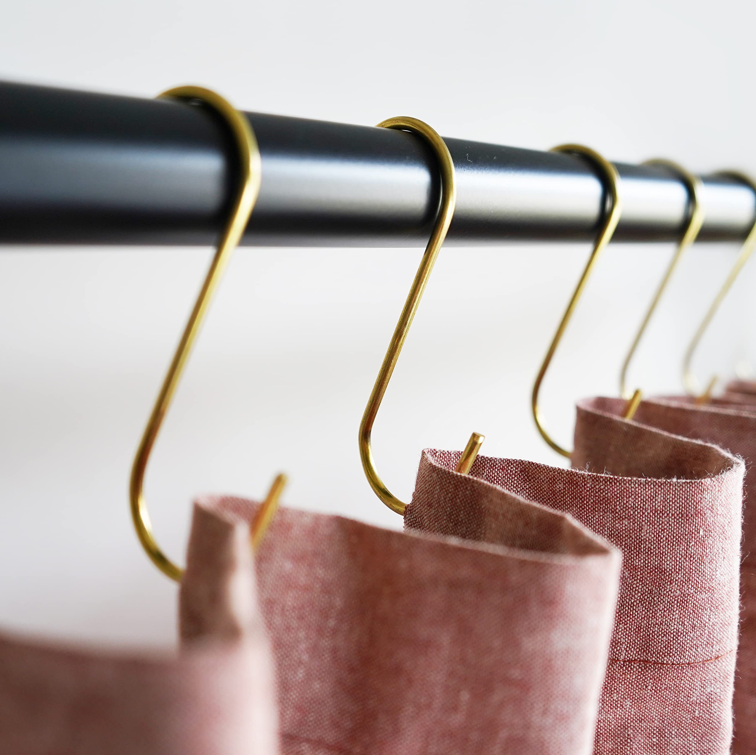 Minimalist Shower Curtain Hooks - 12 Pack Stainless Steel & Brass S Hooks for Bathroom, Closet, Purse, Bag & Jean Hanging - Durable Metal Hangers for Home & Office Organization