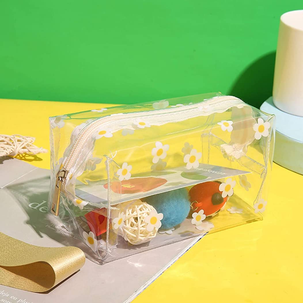 Waterproof Floral Transparent Cosmetic Bag with Zipper - Cute Clear Daisy Makeup Pouch for Travel, Gym & School Toiletries | Clear Pencil Case & Organizer