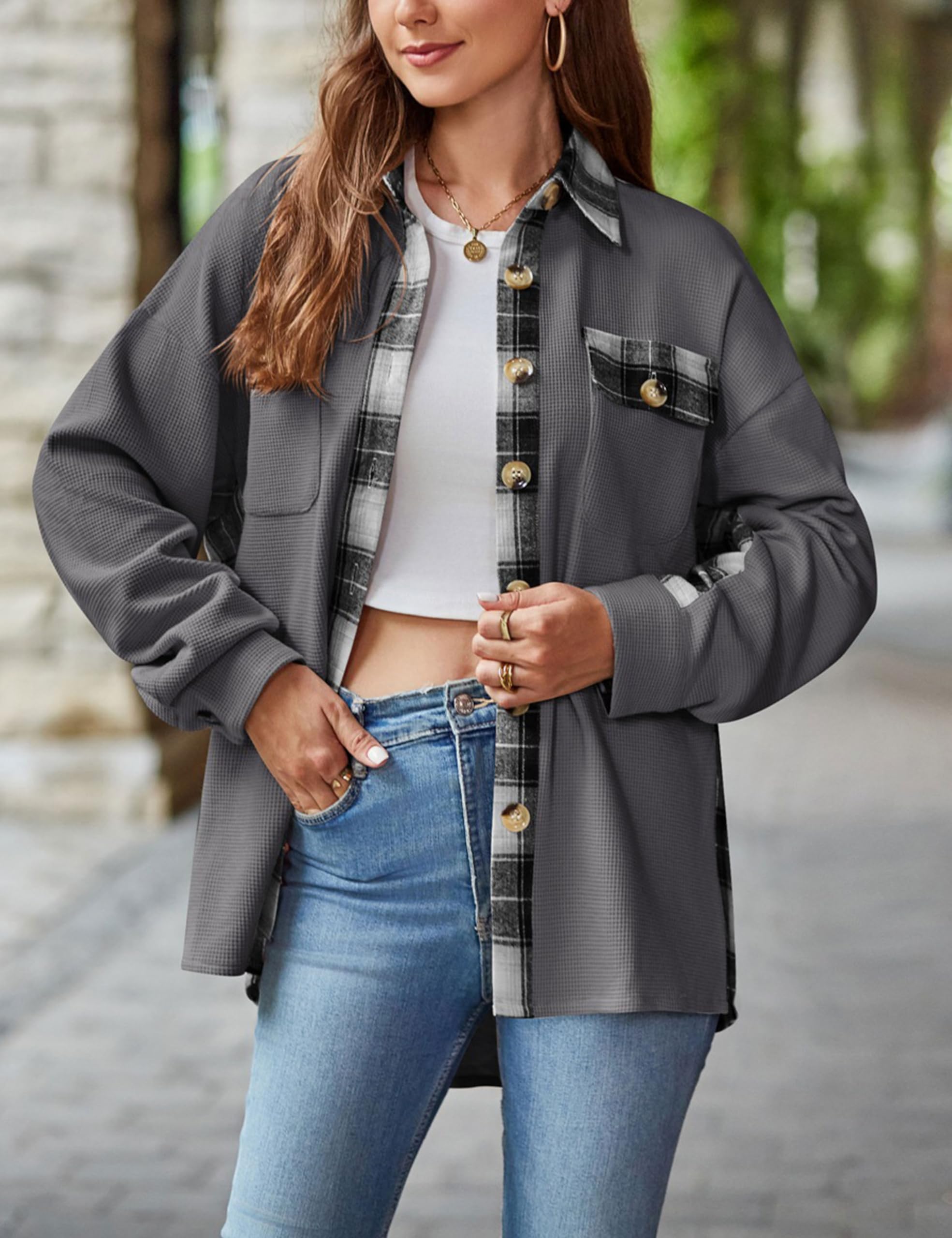 Zontroldy Women's Long Sleeve Button Down Waffle Shirt Shacket - Plaid Fall Jacket with Pockets | Casual Outfit, Layering, Office Wear & Outdoor Activities