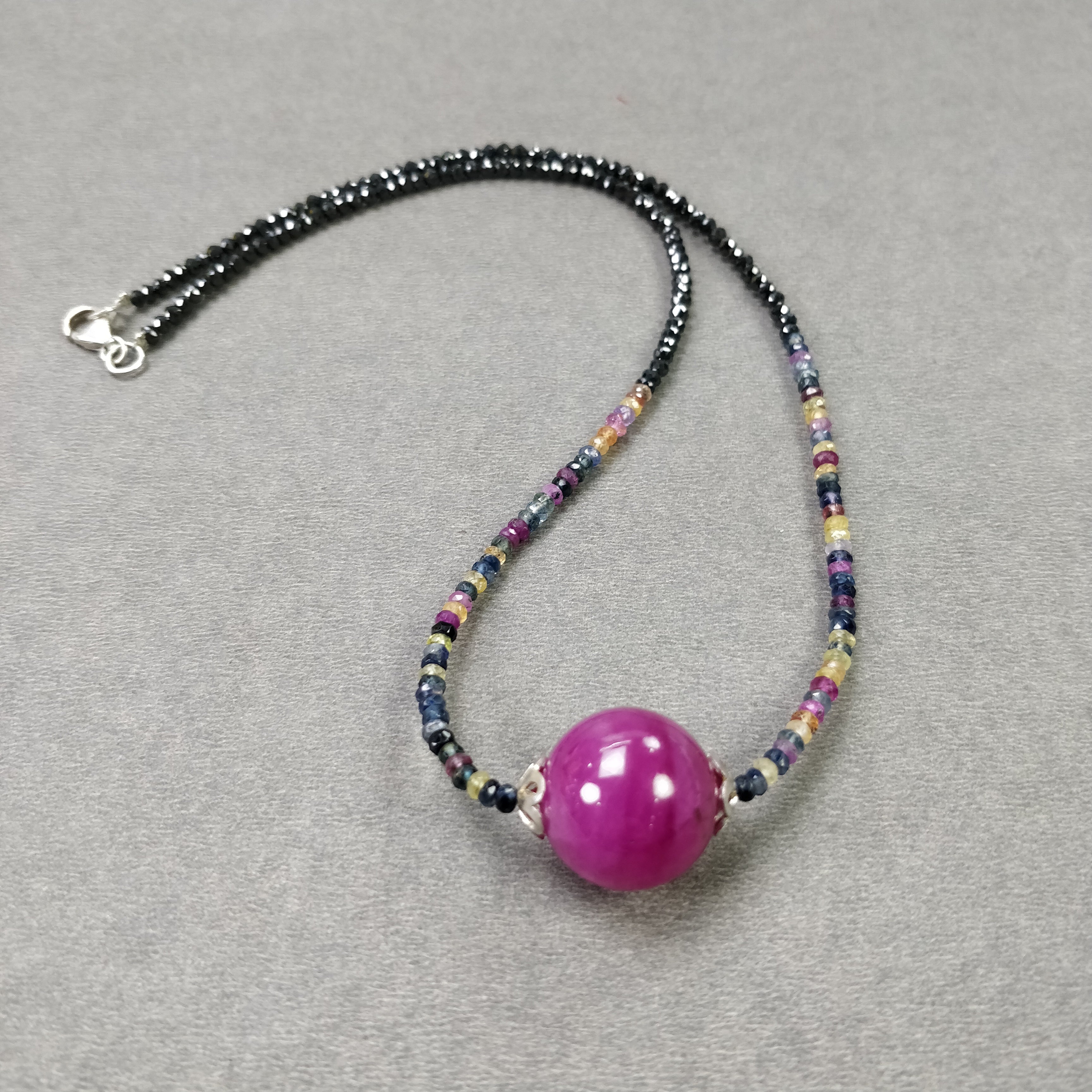 925 Sterling Silver Gemstone Beads Necklace - 17 Natural Multi Sapphire & Ruby Ball Pendant Beaded Chain for Women | Elegant Jewelry Gift for Her | Perfect for Weddings, Parties & Special Occasions