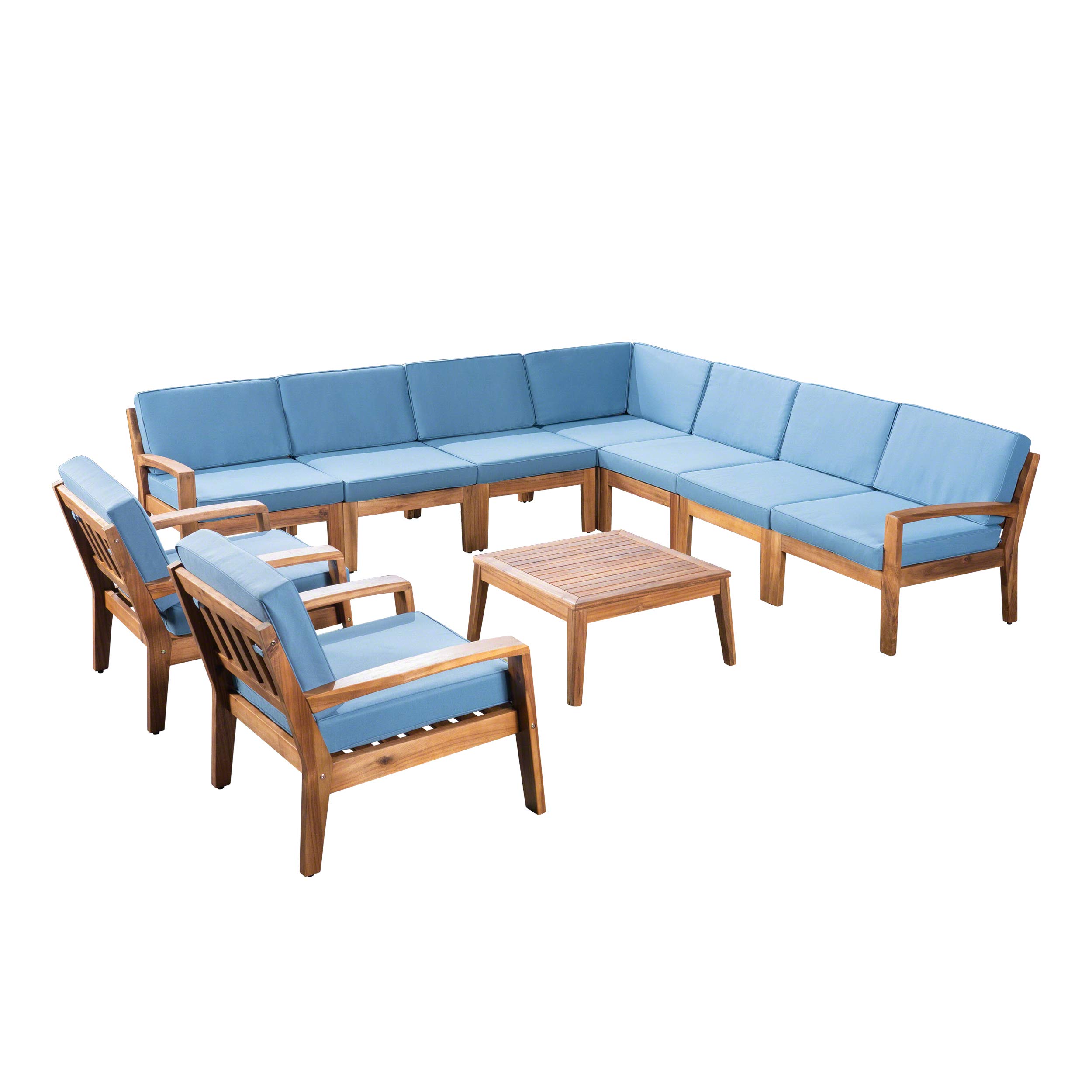 Premium 7-Piece Acacia Wood Patio Sectional Sofa Set with Cushions - Includes Coffee Table & Club Chairs - Weather-Resistant Teak Finish & Blue Fabric - Perfect for Outdoor Lounging, Backyard Gatherings & Poolside Relaxation