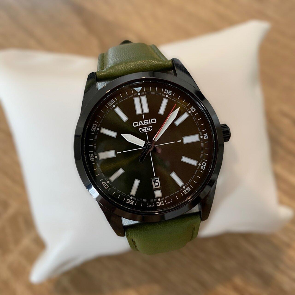 CASIO MTP-VD02BL Analog Men's Watch with Green Leather Strap - Stylish & Durable for Business, Casual & Everyday Wear