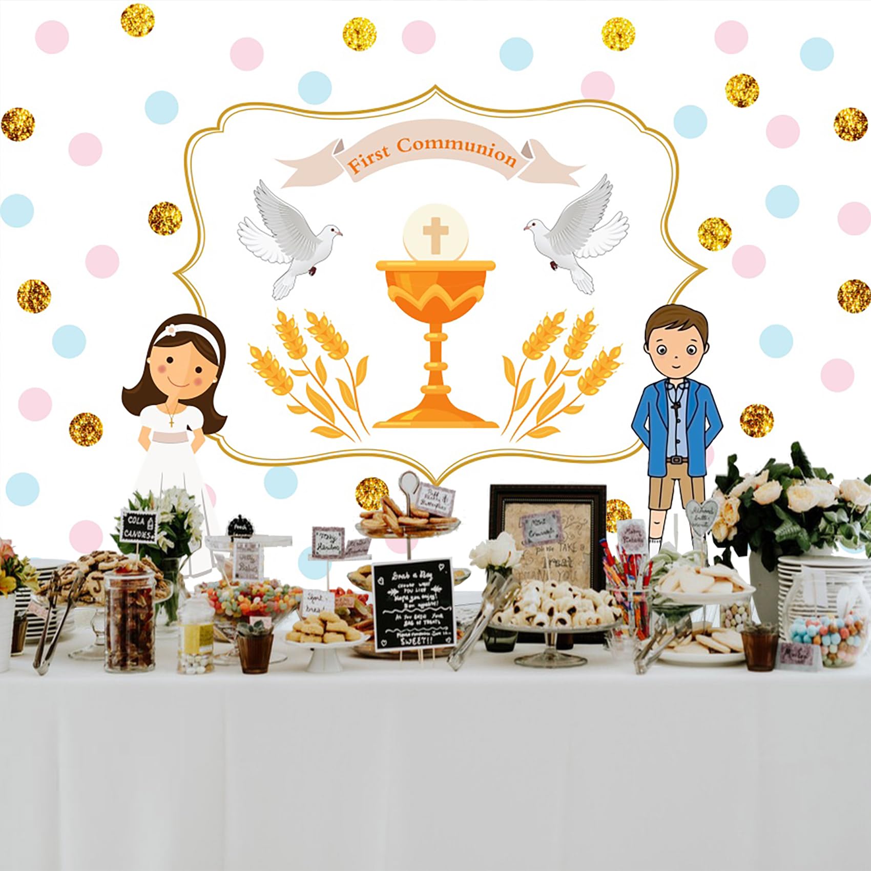 Baocicco 5x4ft First Communion Backdrop - Christian Photography Background with Holy Cross, Grail, Peace Dove & Wheat for Religious Events, Baptism, Boys & Girls - Perfect for Church Ceremonies, Sunday School & Family Photo Sessions