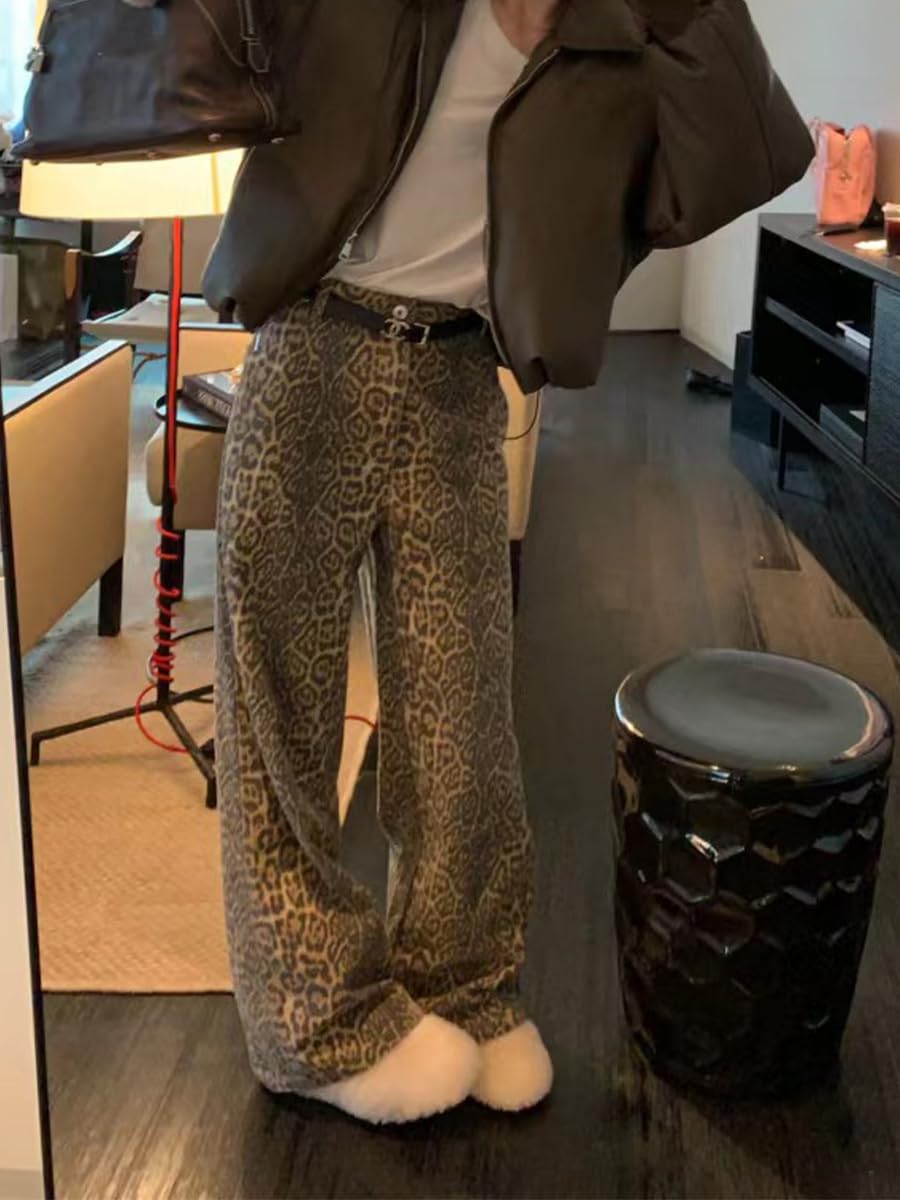 Y2K Leopard Print Baggy Jeans - Oversized Straight Leg Wide Pants for Men & Women | Streetwear Fashion for Casual Outfits & Retro Style