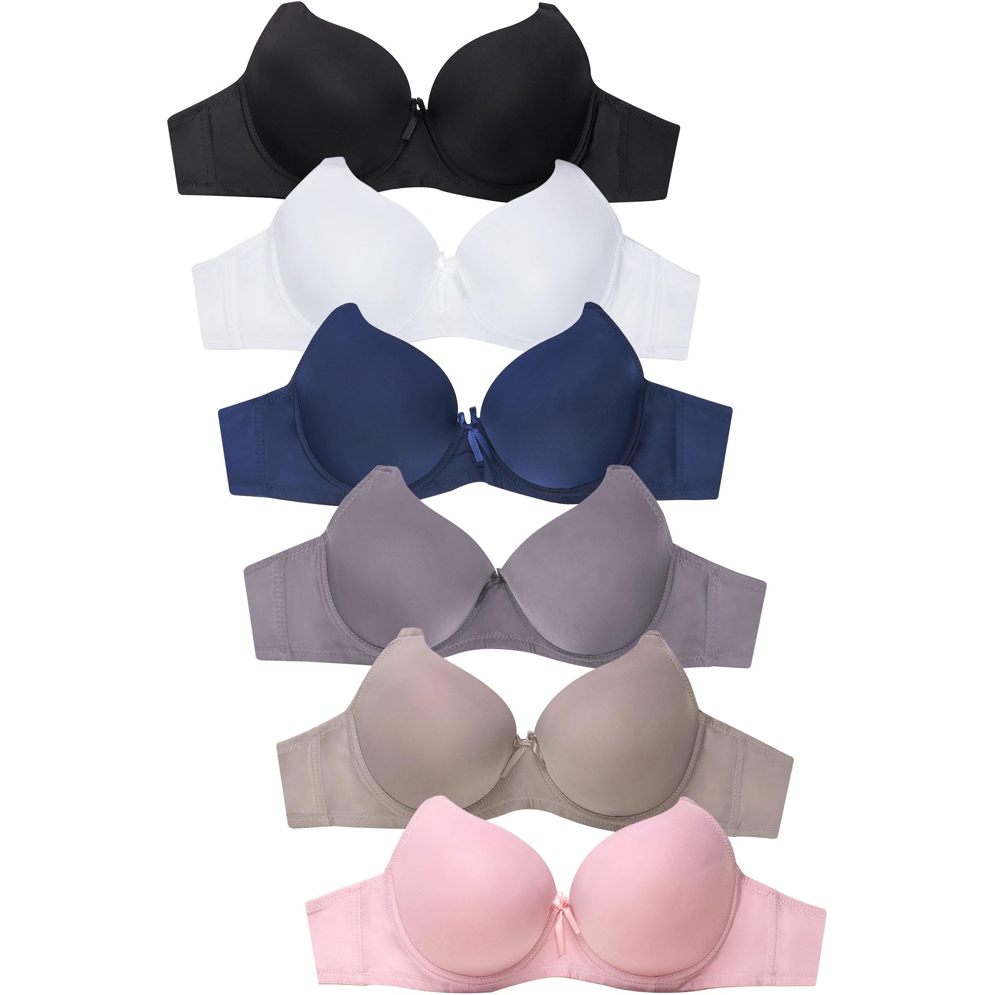 Mamia Women's Comfortable Basic Plain Bras 6-Pack - Soft Everyday T-Shirt Bras for Work, Lounge & Sleep