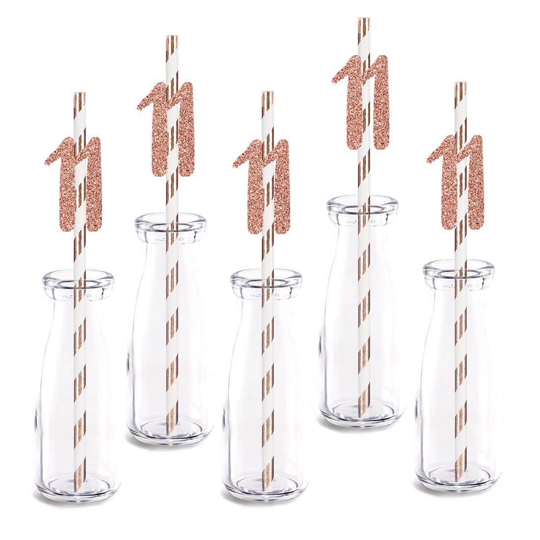Rose Gold Glitter 11th Birthday Straw Decorations - 24pcs Cut-Out Number 11 Party Drinking Straws for Birthday Celebrations, Anniversaries & Special Events