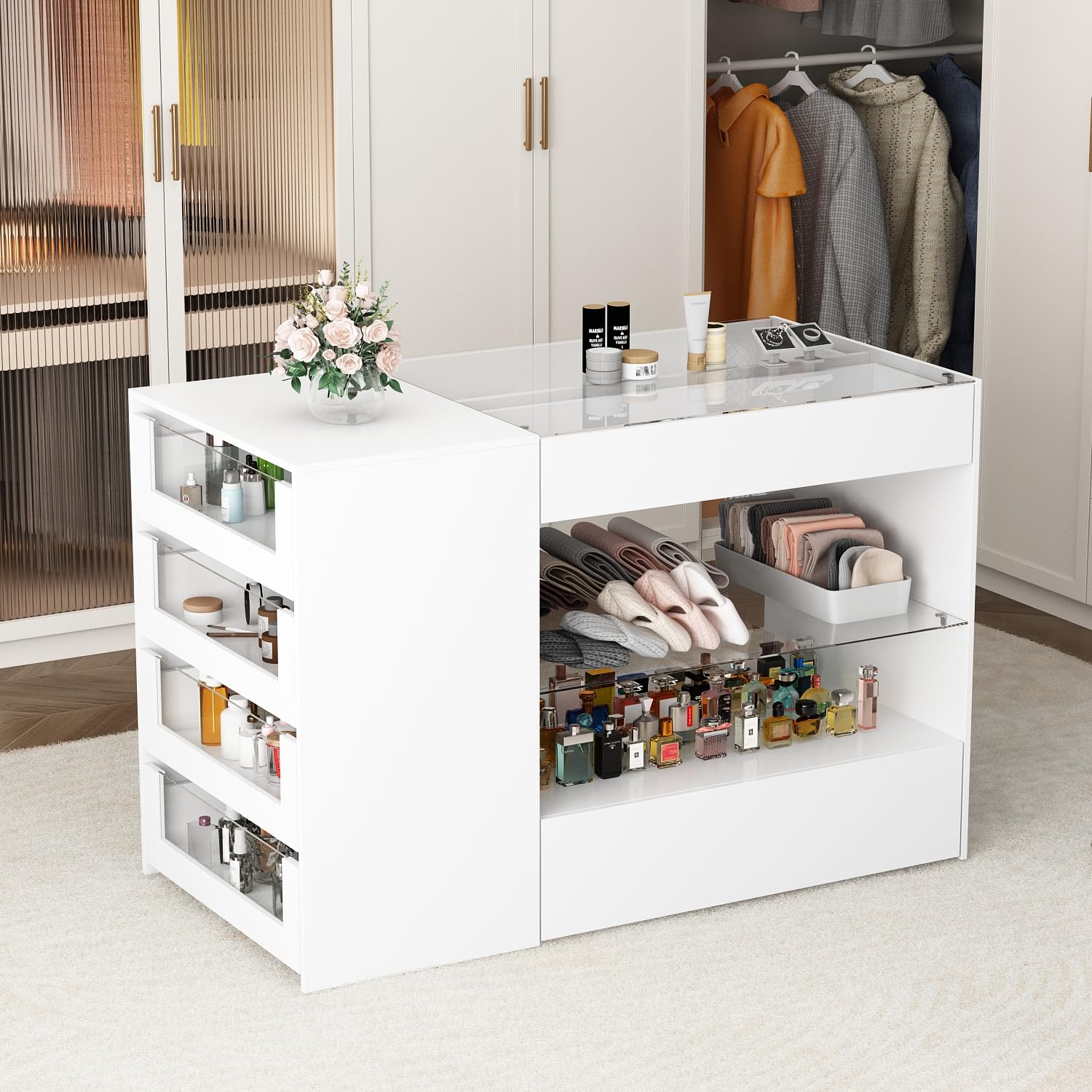 Homsee White Wooden Wardrobe Armoire with Glass Top & 6 Drawers - Bedroom Storage Cabinet with Open Shelves & Glass Display Shelf - Perfect for Bedroom Organization, Boutique Display, and Home Decor