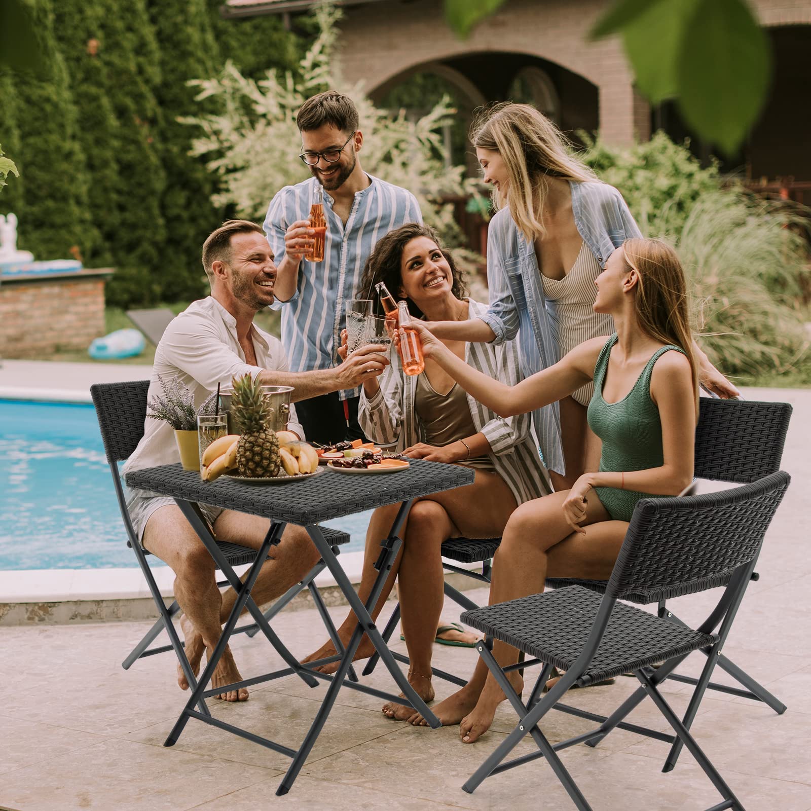 3-Piece Rattan Patio Bistro Set - Foldable Outdoor Furniture with Table & 2 Chairs - Weather-Resistant Wicker for Garden, Backyard, Pool, Lawn, Porch, Balcony - Perfect for Outdoor Dining, Relaxing & Entertaining (Black)