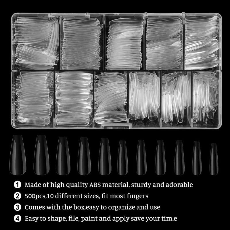 BELICIA 100 PCS No Trace Coffin Long Ballerina Acrylic False Nails - Natural Clear Full Cover Press On Nails for Women - Perfect for Parties, Weddings, and Special Occasions