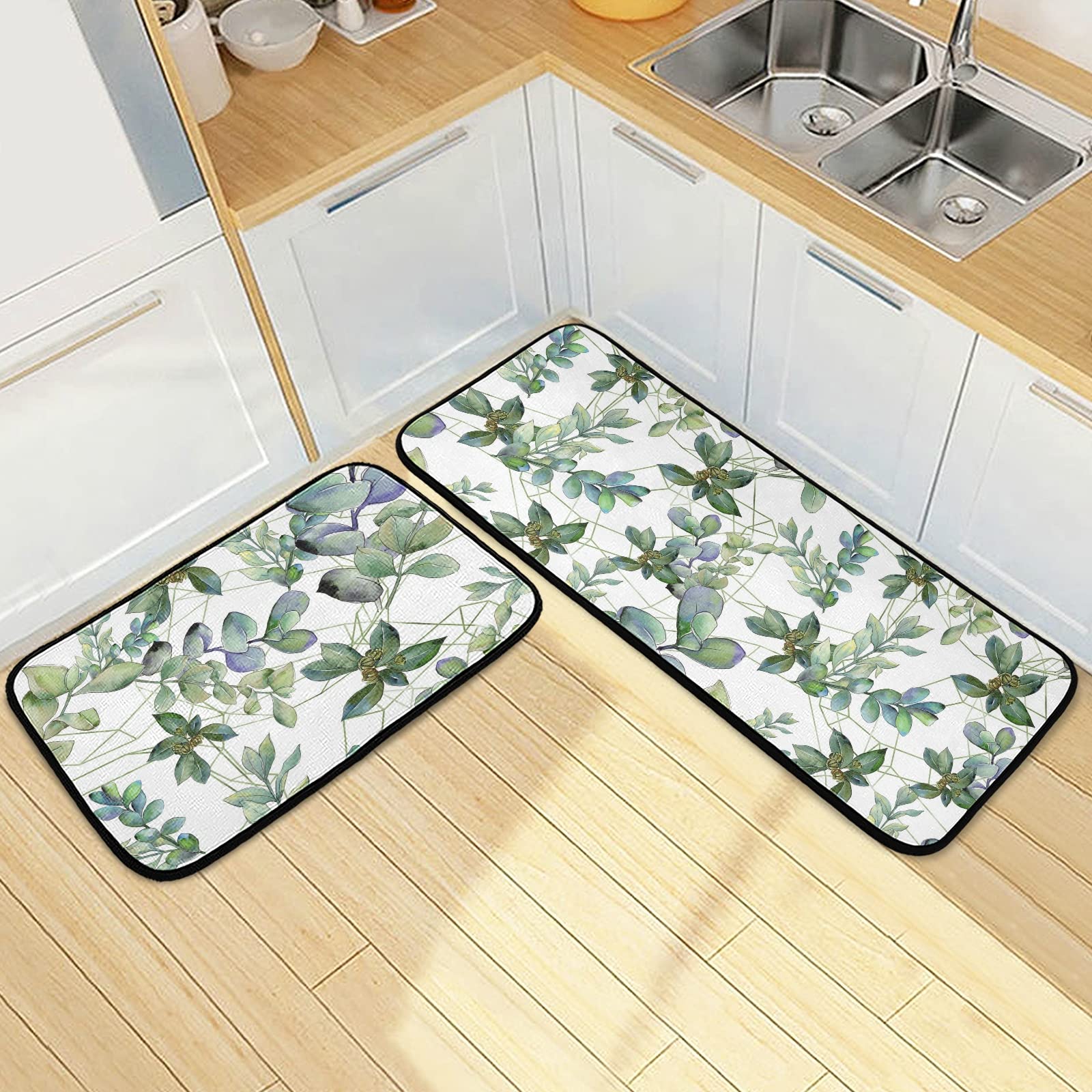 Premium Green Kitchen Rugs Set of 2 - Non-Slip Eucalyptus Leaf Design Anti-Fatigue Mats (20