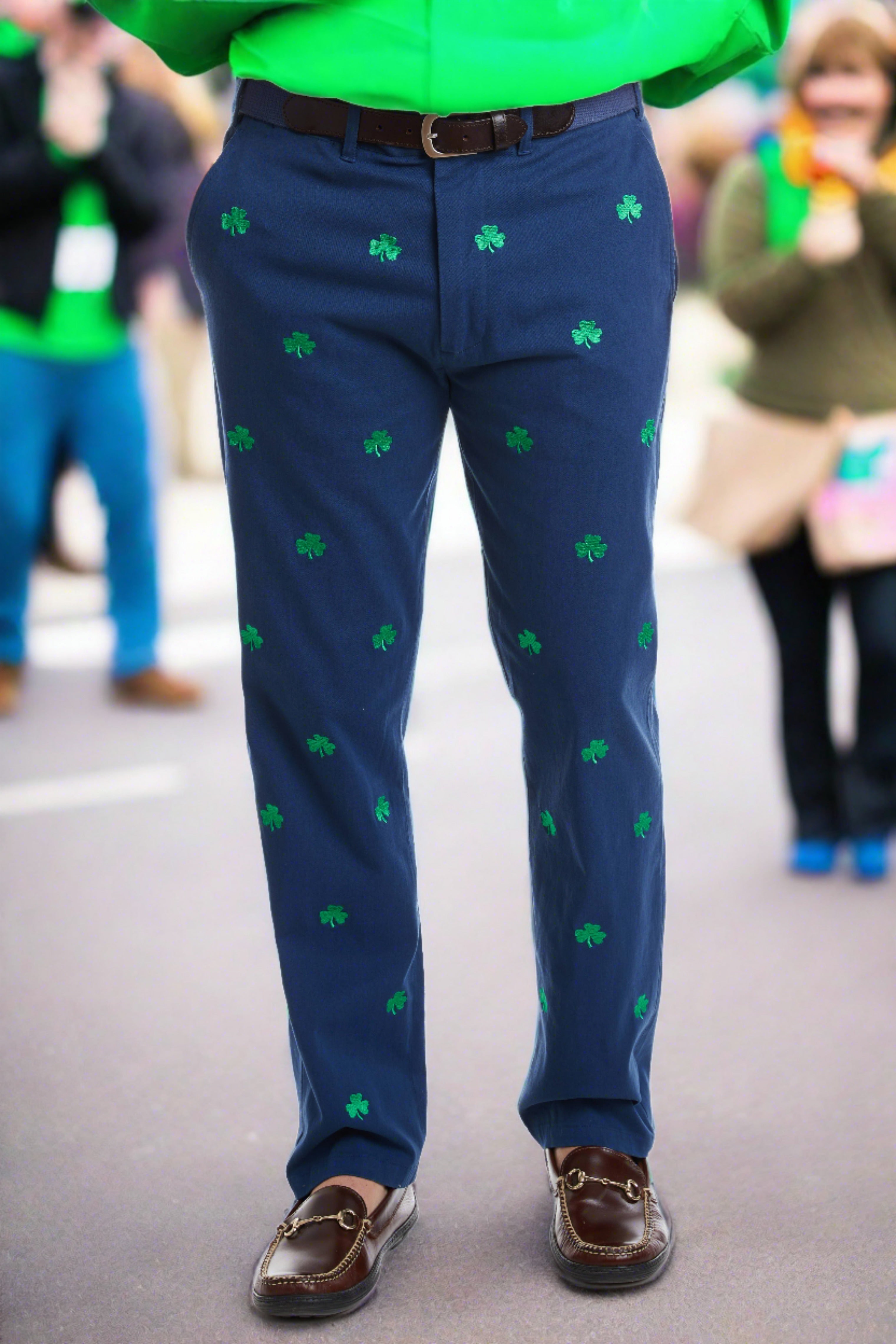 Stretch Twill Harbor Pant in Nantucket Navy with Shamrock Print - Comfortable Casual Pants for Work, Travel & Everyday Wear