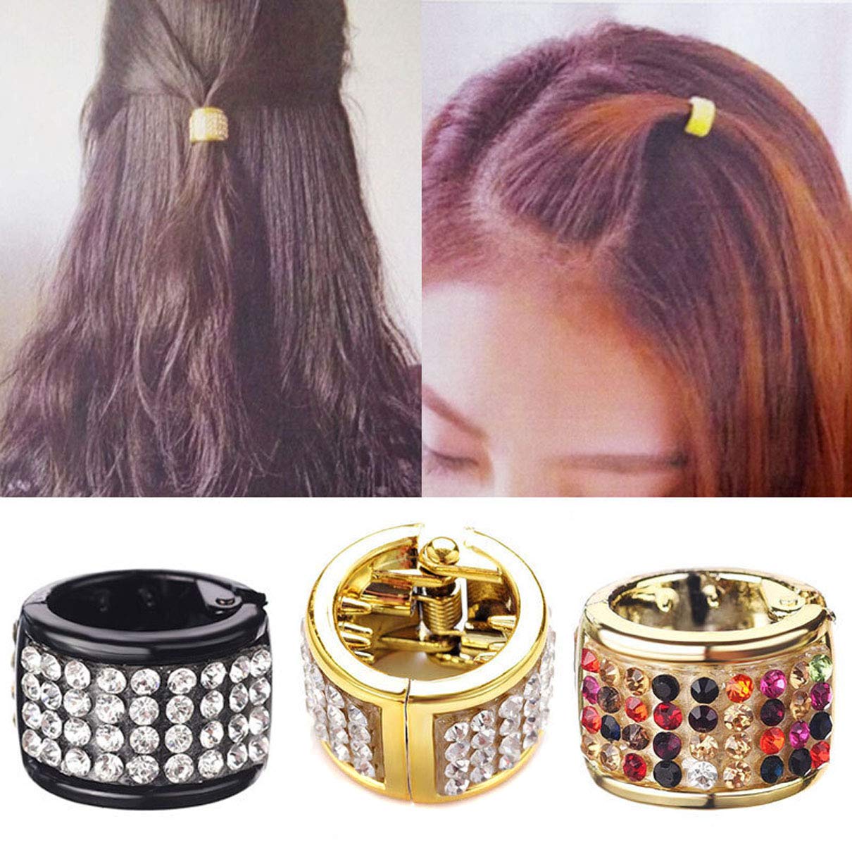 4 PCS Small Plastic Rhinestone Ponytail Covers with Teeth - Punk Hair Rings for Women, Ponytail Holders & Headwear - Perfect for Parties, Concerts and Daily Hairstyling