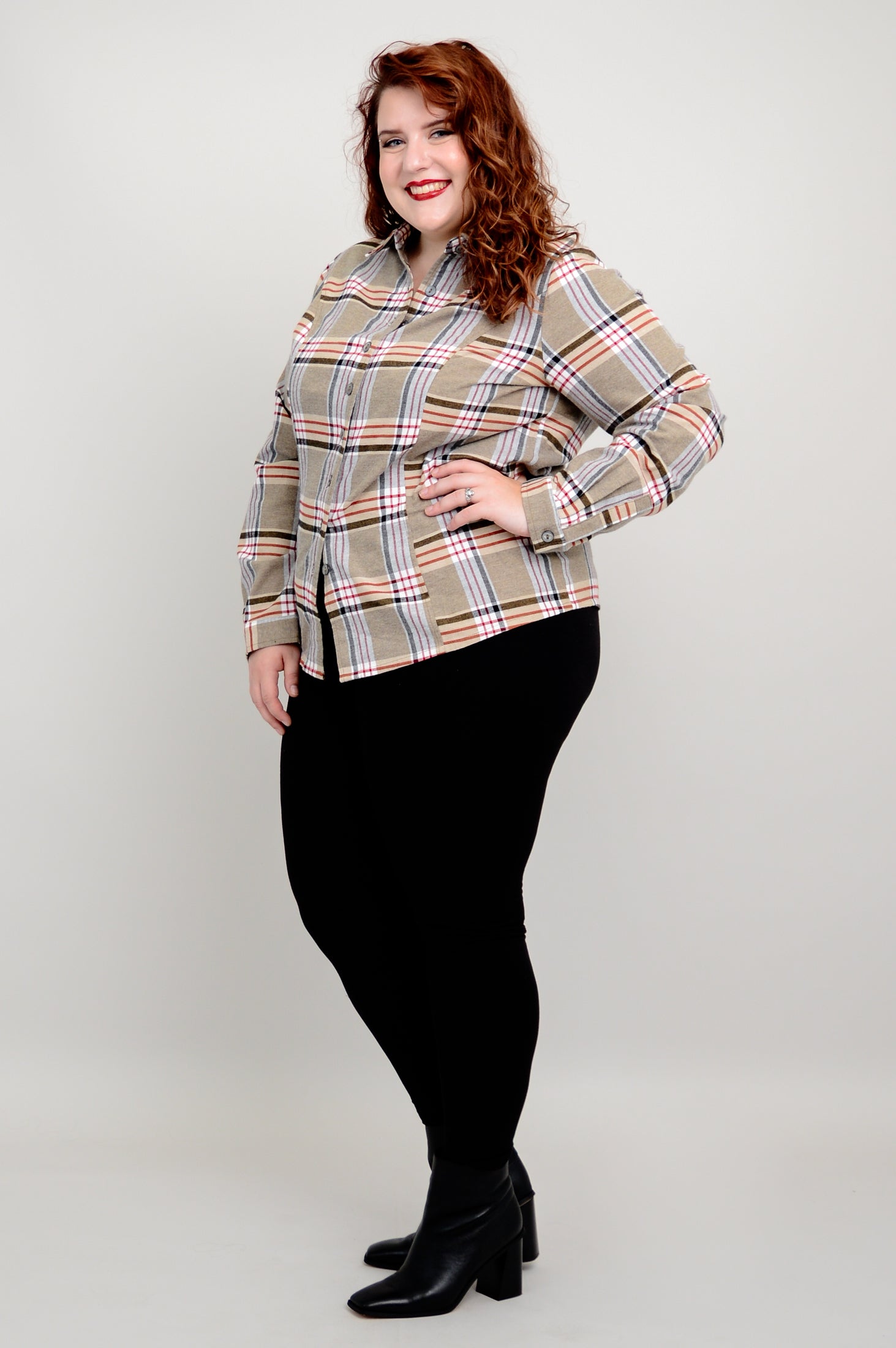 Alexis Top - Taupe Plaid Cotton Flannel Shirt for Women | Cozy Fall & Winter Layering Essential